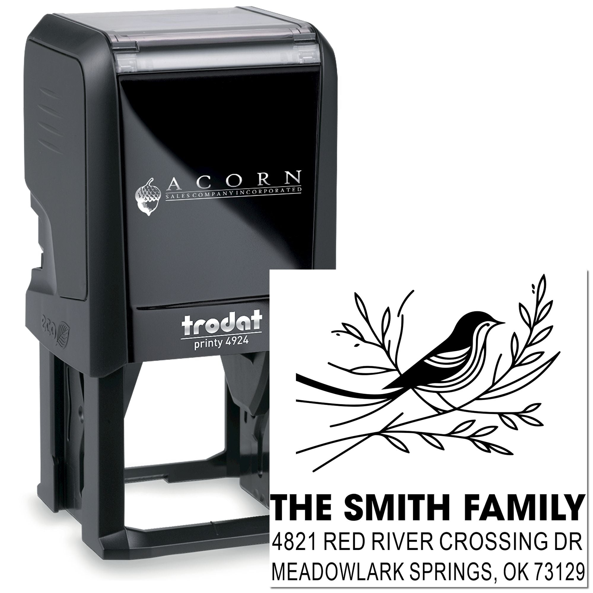 Custom self-inking rubber stamp with bird and branch design, personalized family return address stamp for mailings, Trodat Printy 4924.