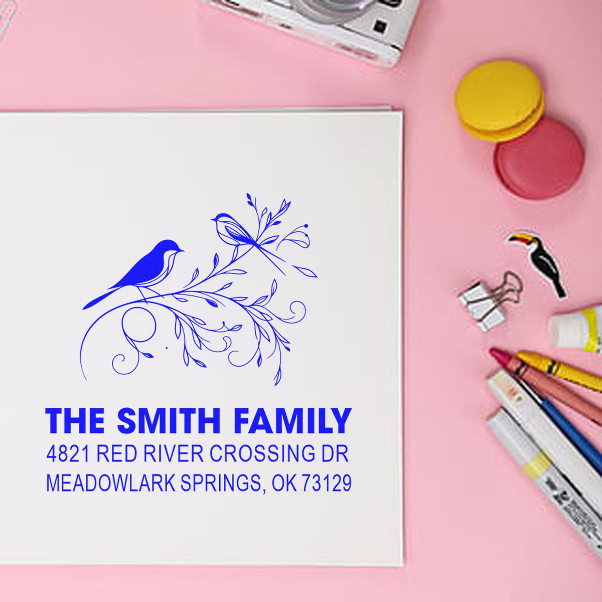 Personalized family address rubber stamp with blue bird floral design, custom return address for envelopes, cards, and stationery use