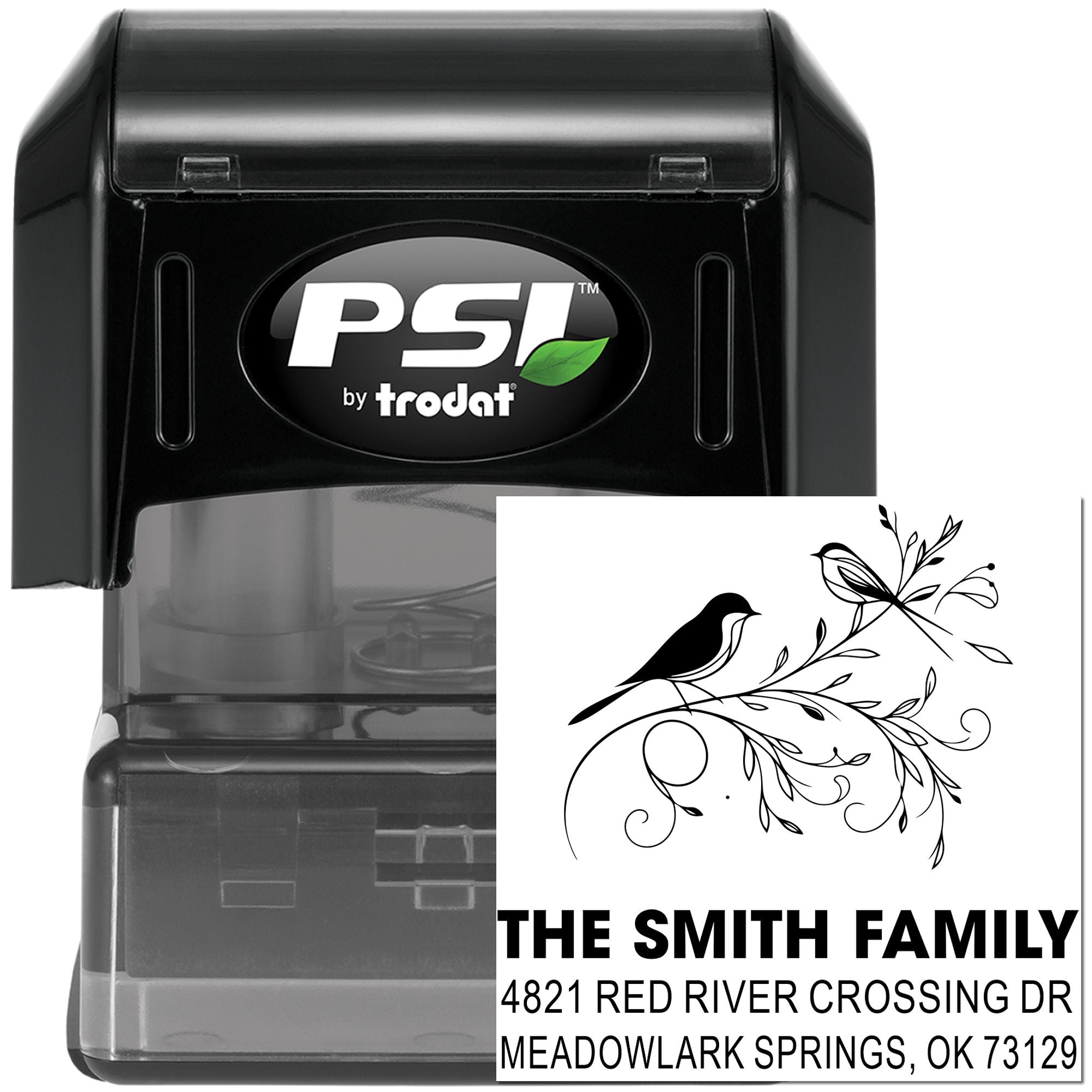 PSI by Trodat self-inking custom address stamp with bird and floral design for The Smith Family, Meadowlark Springs OK mailing stamp