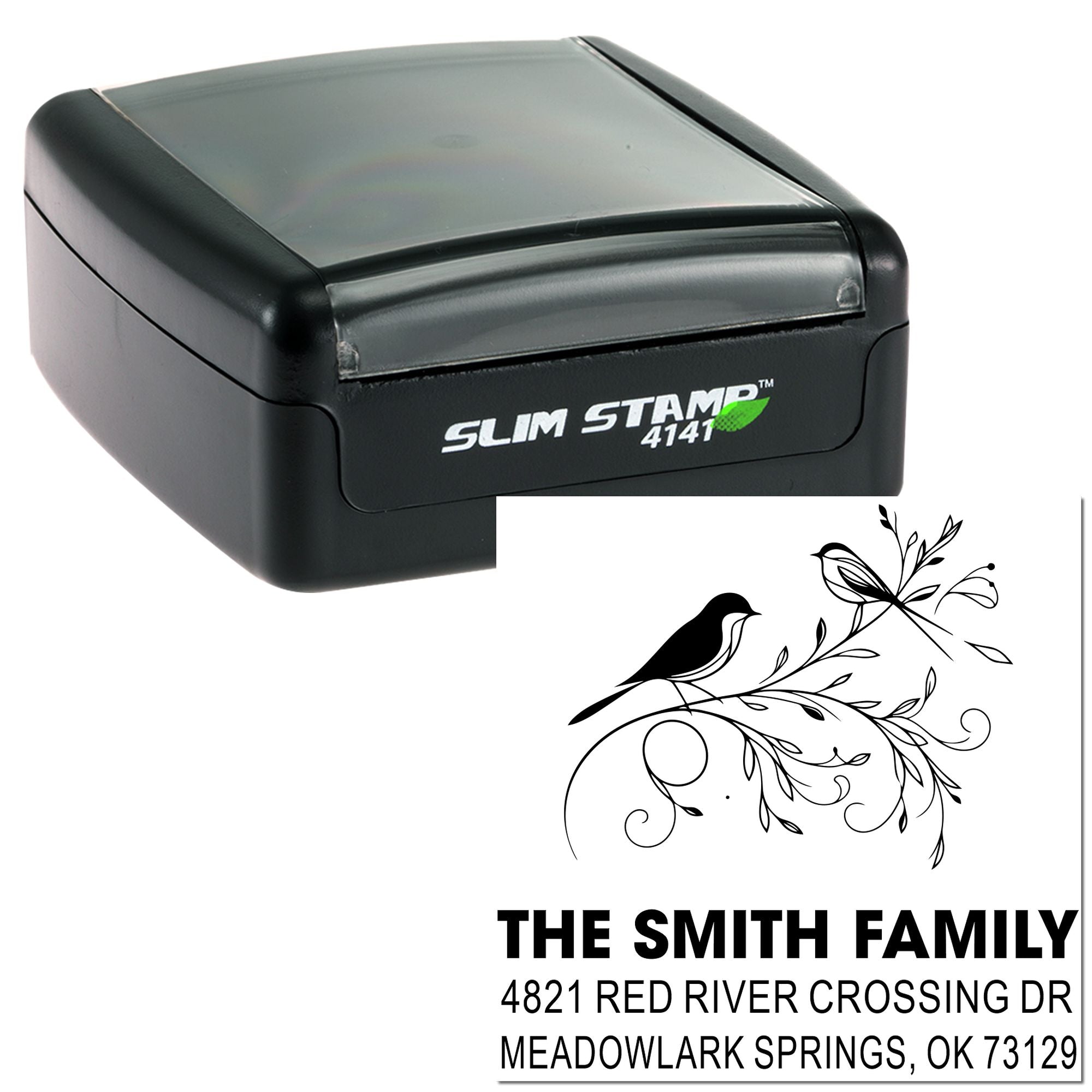 Slim Stamp 4141 custom self-inking address rubber stamp with bird and floral design for The Smith Family, featuring name and full mailing address.