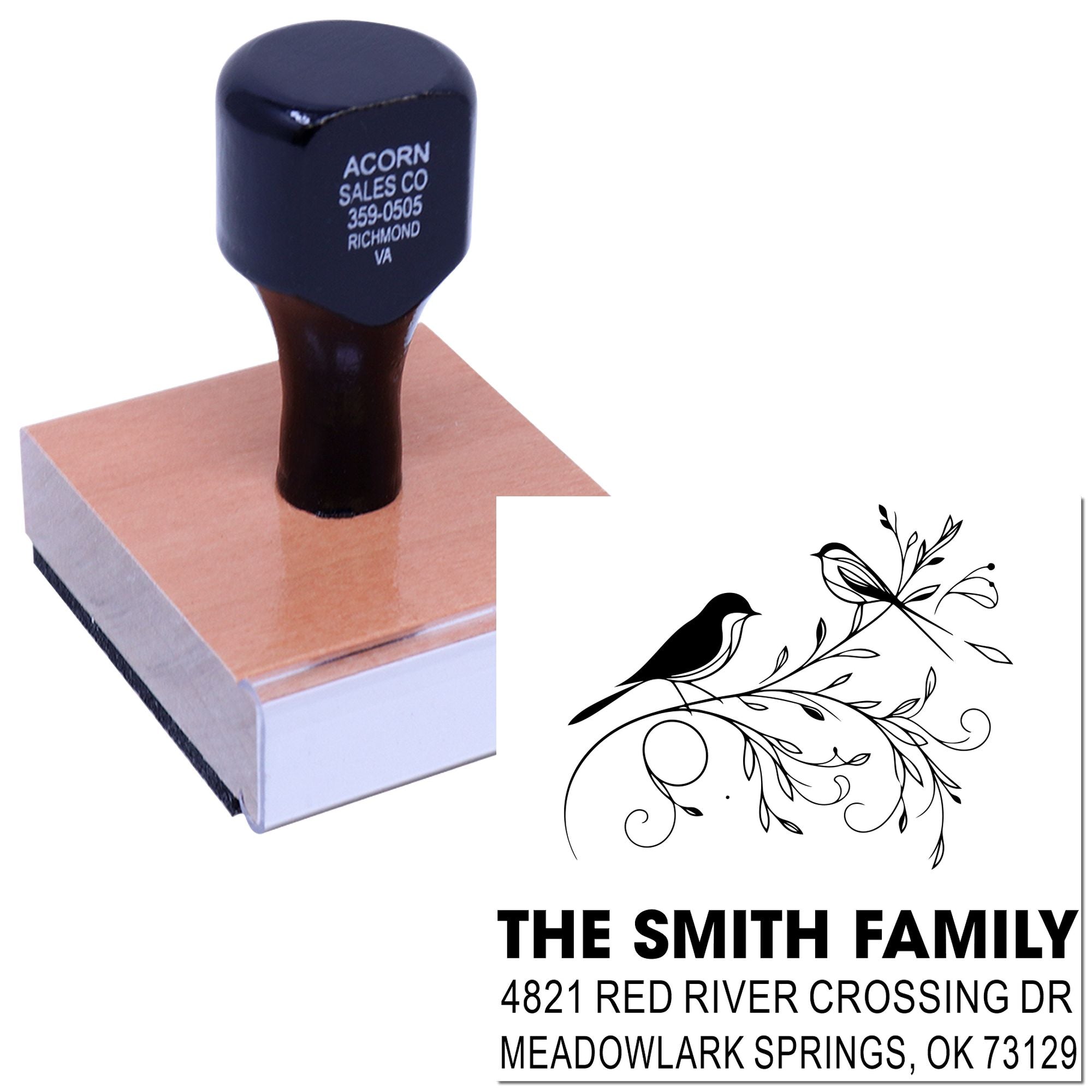 Custom self-inking rubber address stamp with floral bird design, personalized family name, street address, city, state and ZIP code for home mail.