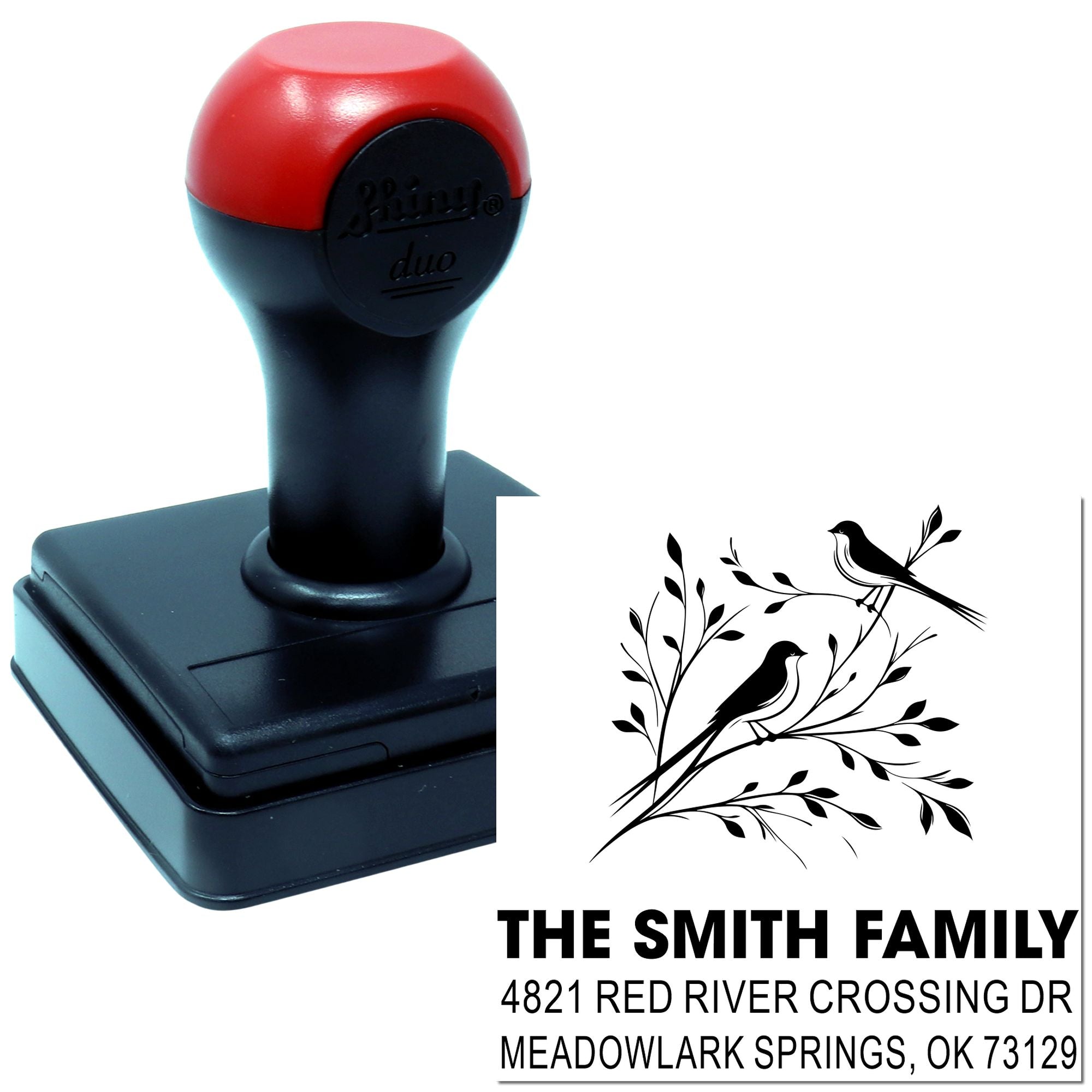 Personalized self-inking rubber stamp with custom return address design, family name, bird motif, and address for envelopes, mailings, and cards.