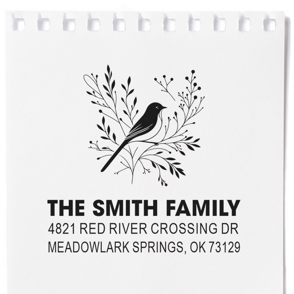 Custom return address rubber stamp with bird and floral design, The Smith Family, 4821 Red River Crossing Dr, Meadowlark Springs, OK 73129.