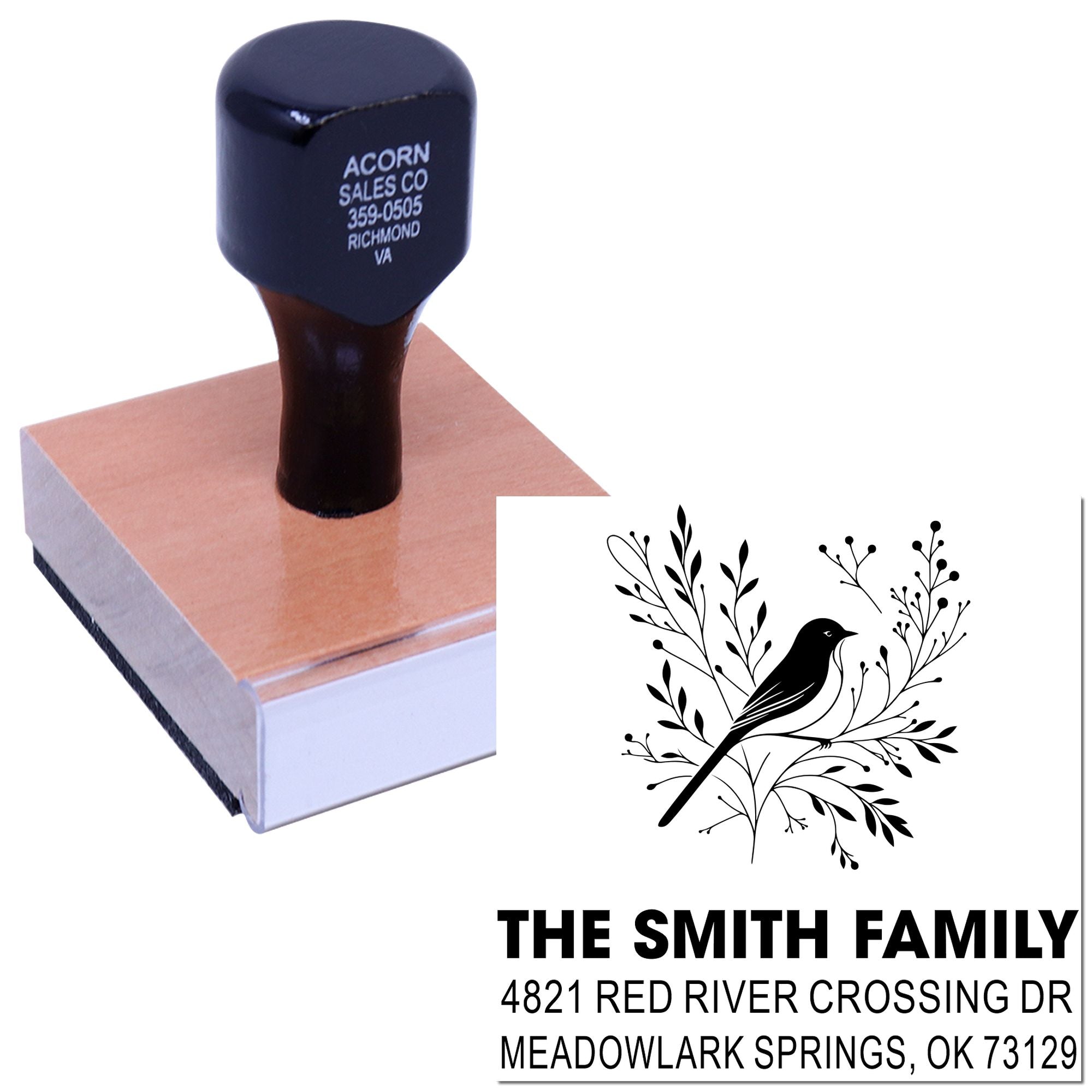 Custom self-inking rubber address stamp with bird and floral family design, personalized with name and address for envelopes and stationery use.