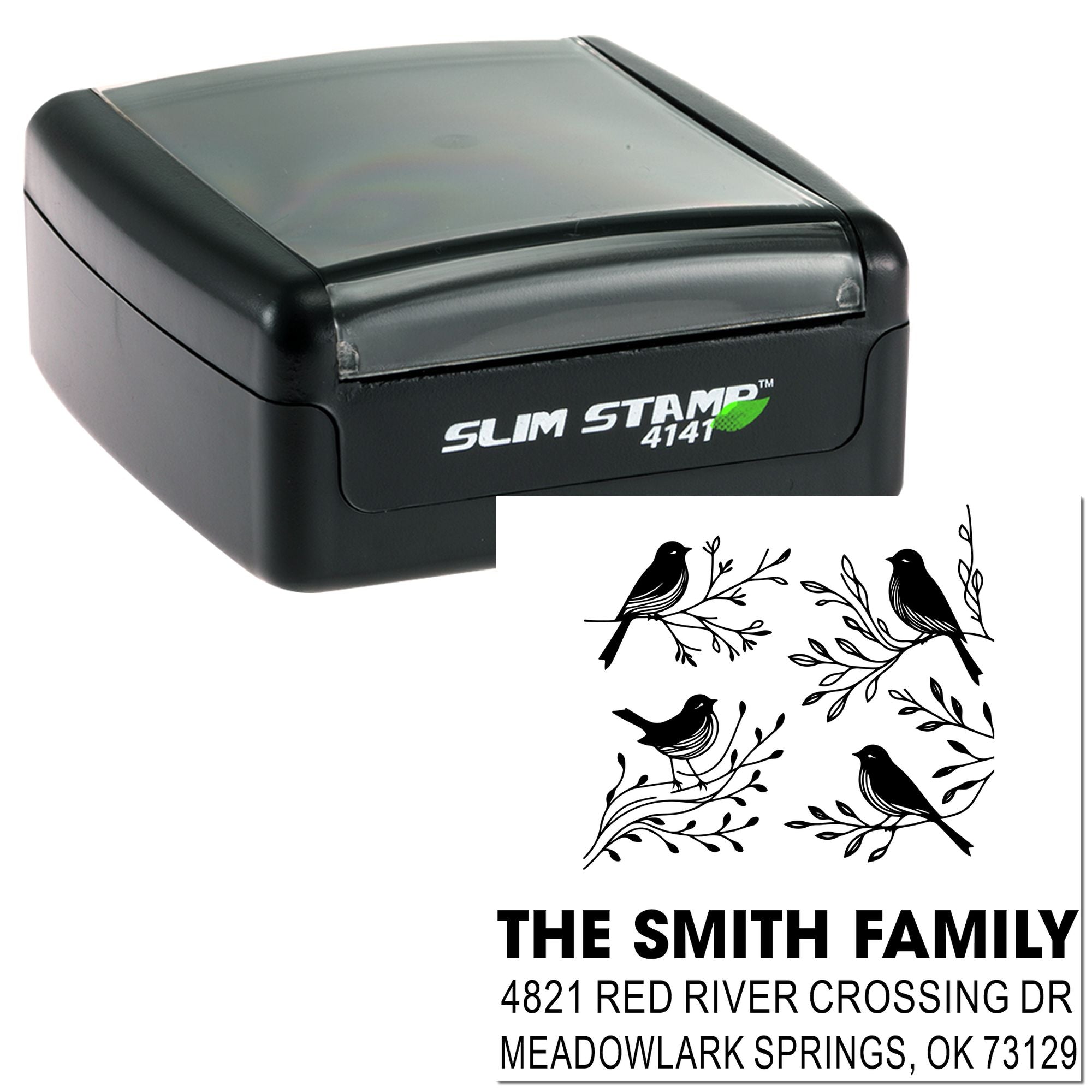 Custom self-inking rubber return address stamp with bird branch design, personalized family name and mailing address for envelopes and cards