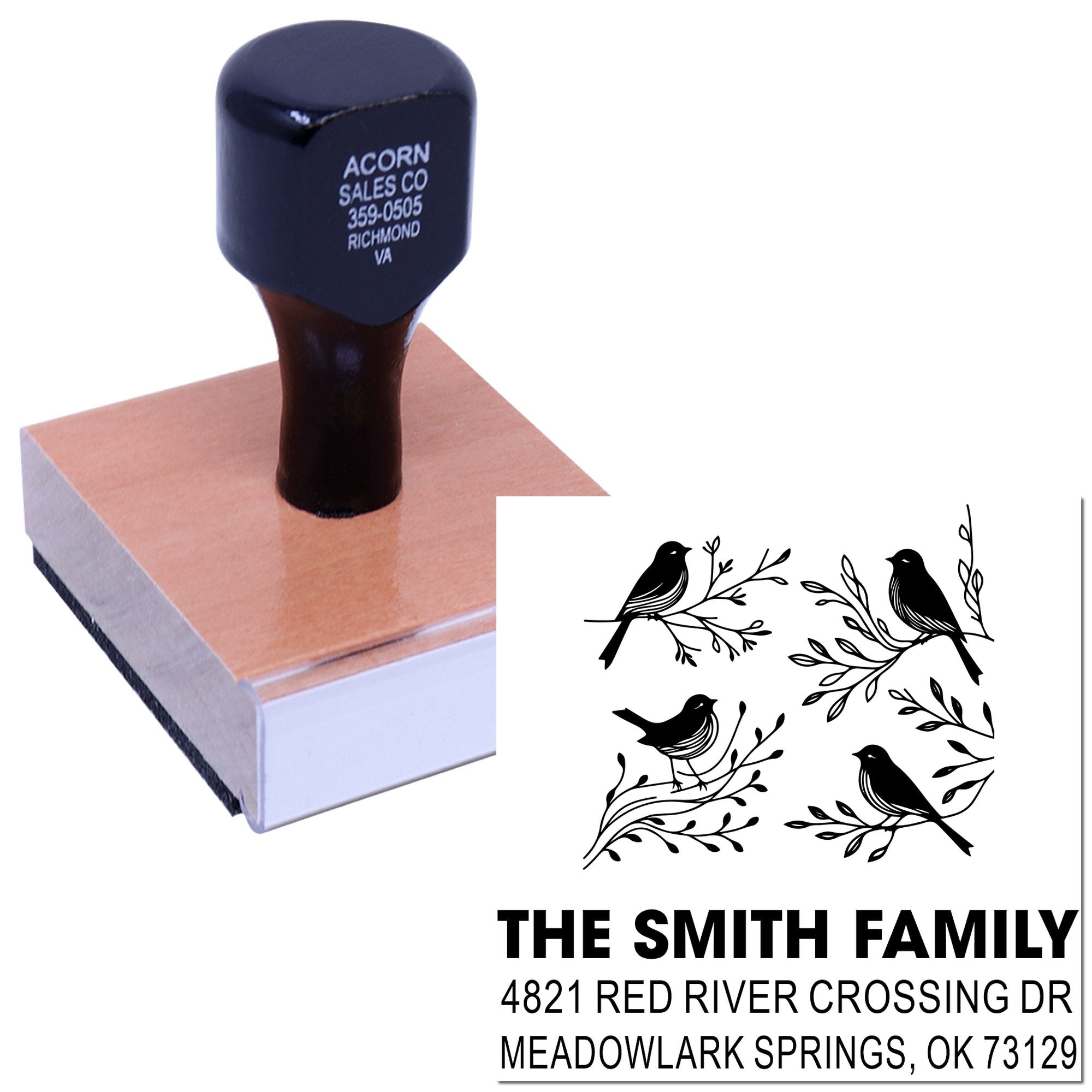 Custom self-inking rubber address stamp with bird and branch design, personalized family name and return address for mailing envelopes and home office.