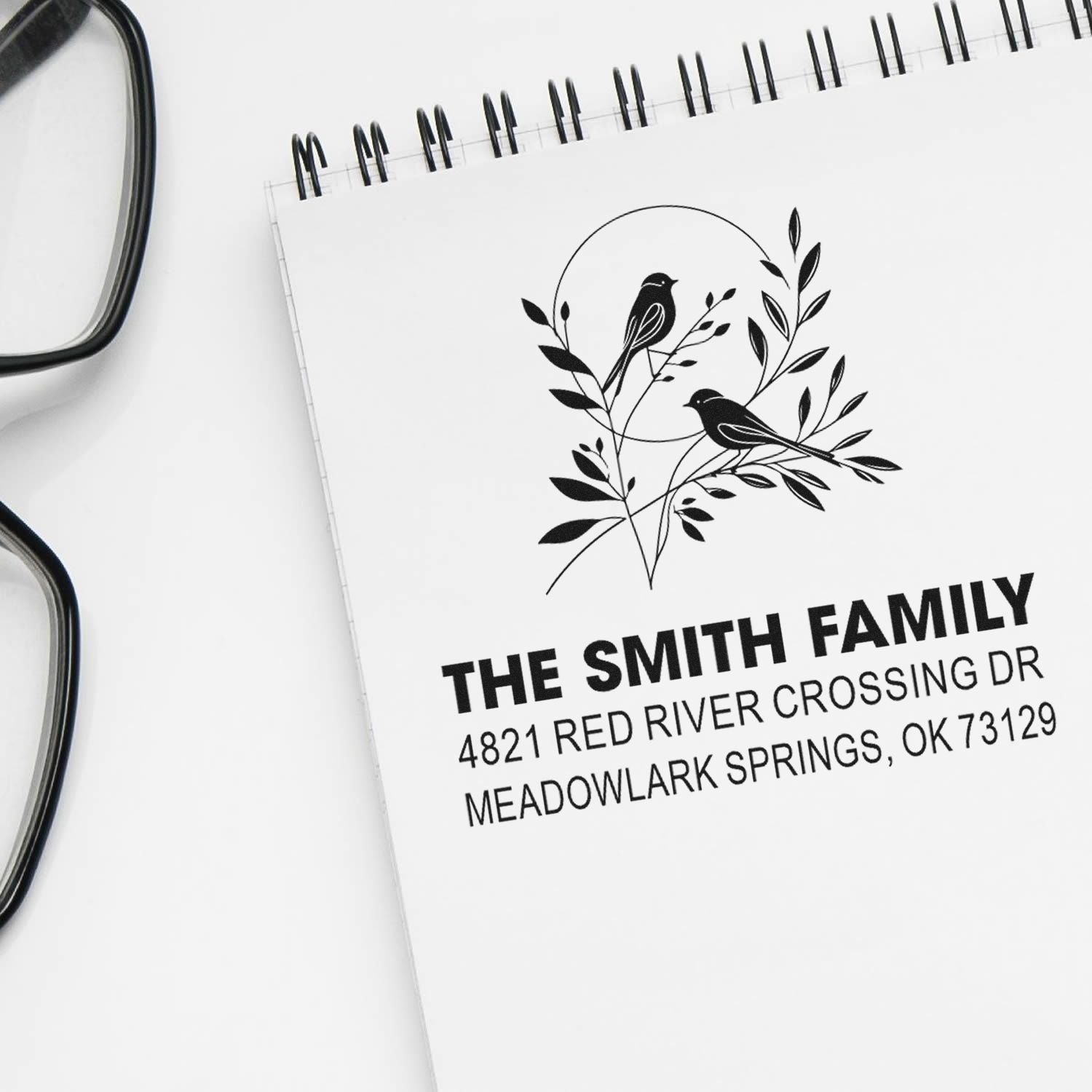 Personalized return address rubber stamp with bird and leafy floral design, featuring The Smith Family name and Meadowlark Springs, OK address