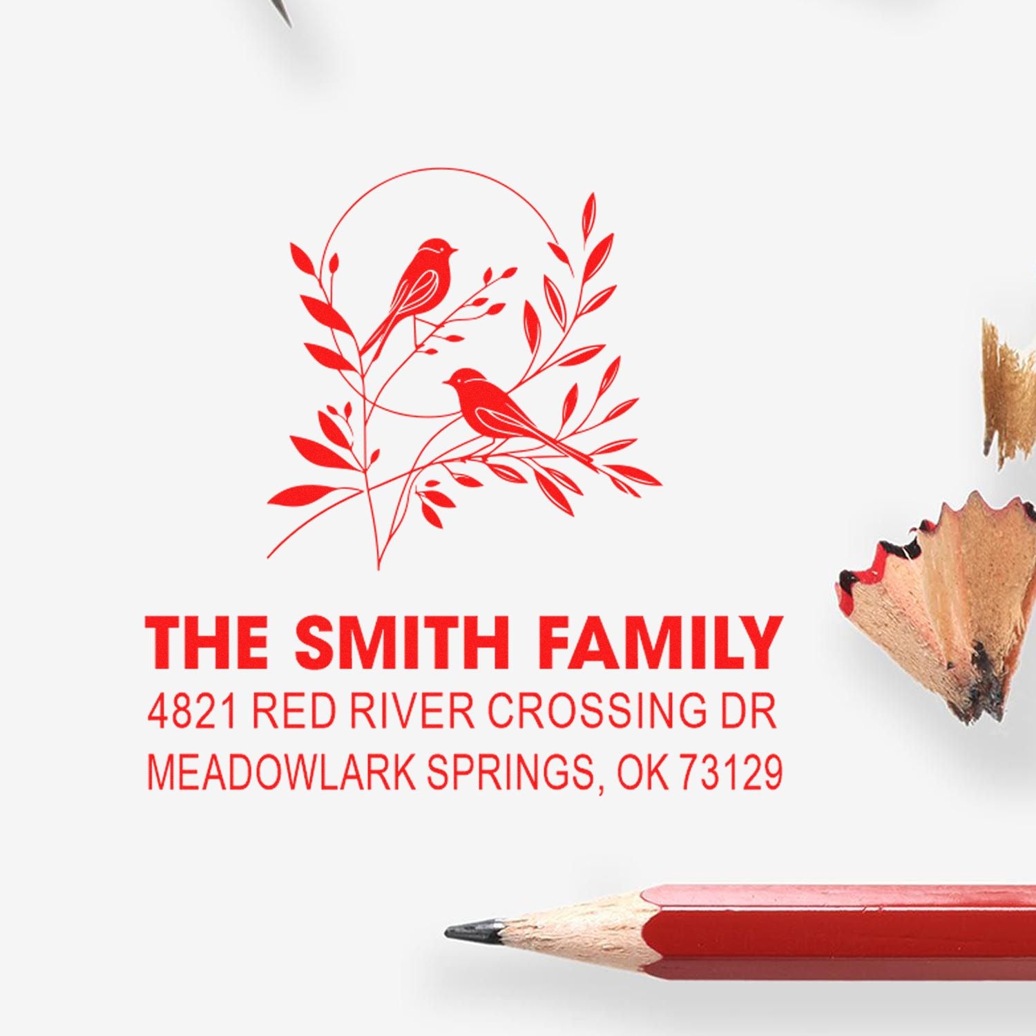 Custom family return address rubber stamp with red bird and leafy branch design, personalized The Smith Family address for envelopes and stationery