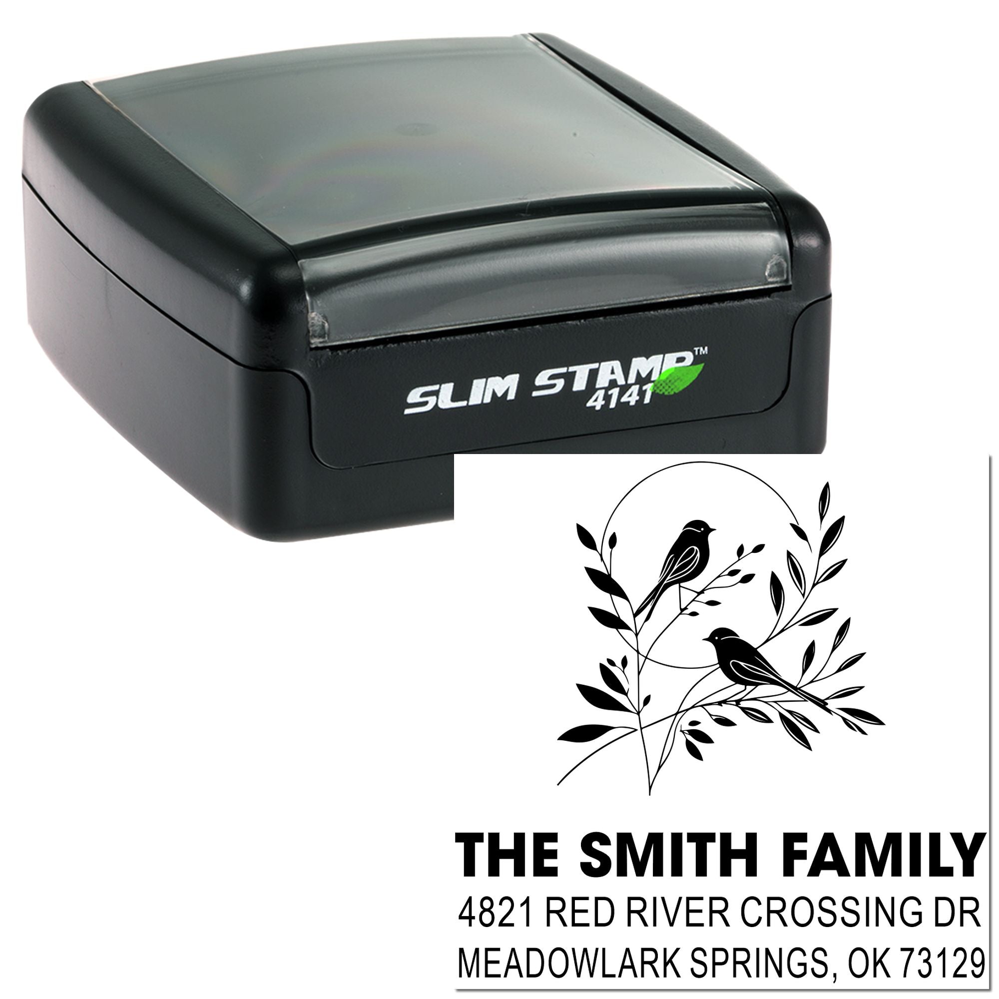 Custom self-inking rubber stamp with personalized family address design, bird and foliage motif, ideal for envelopes, mail, and packaging.