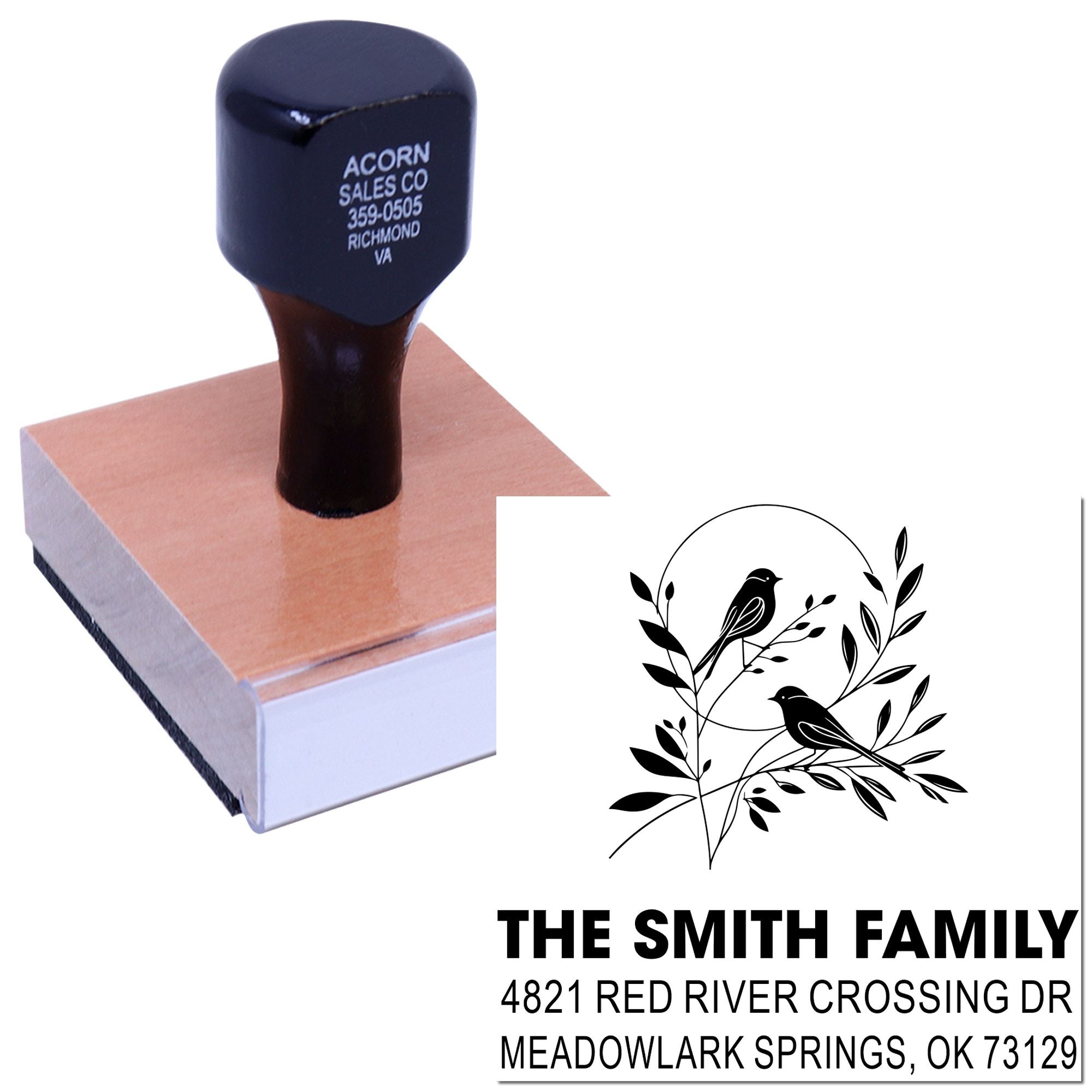Custom self-inking rubber stamp with bird and branch design, personalized with family name, return address, and mailing details for business use.