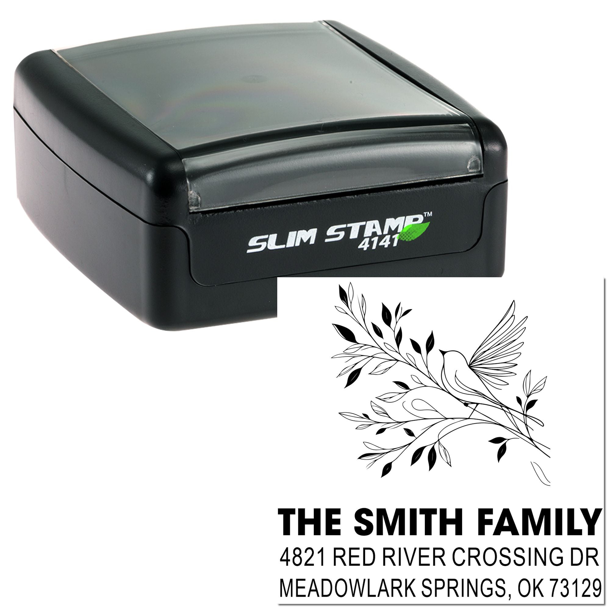 Custom self-inking rubber address stamp with slim stamp case, floral bird design, and personalized family name and address imprint for mailing envelopes