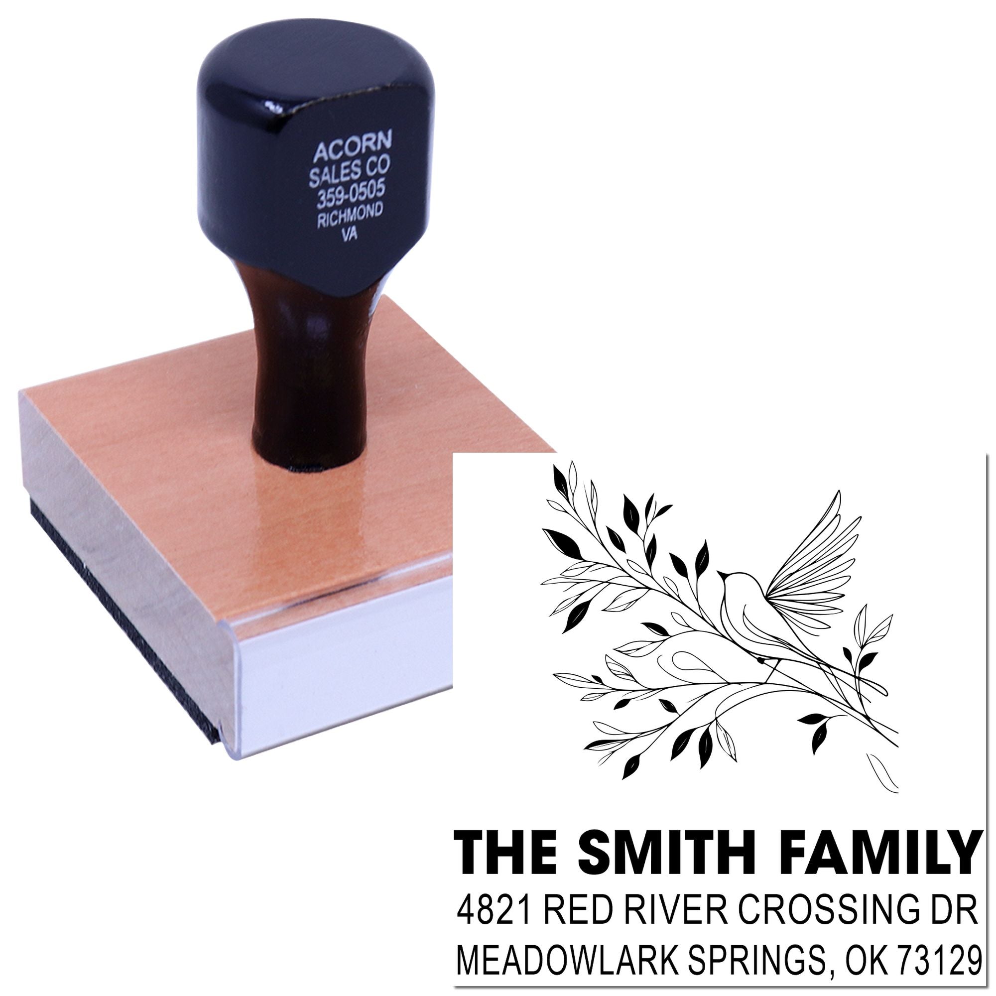 Custom rubber return address stamp with bird branch design, family name and address, perfect for personalized envelopes, cards and mail.