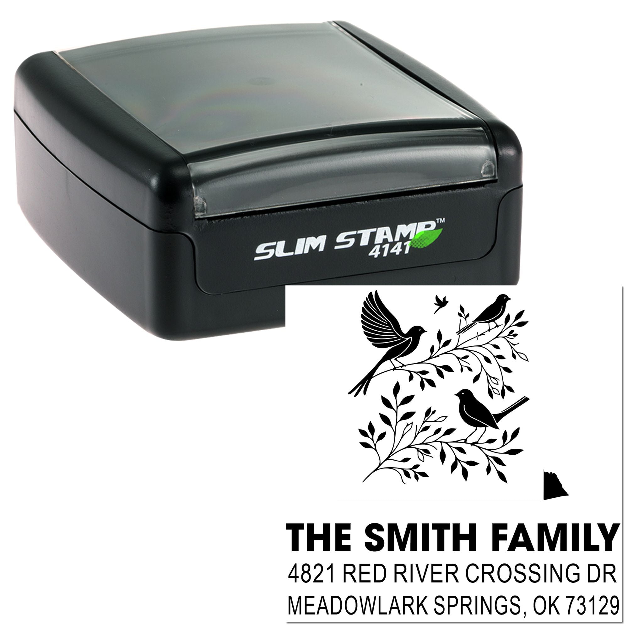 Custom self-inking address stamp with birds and branches, Slim Stamp 4141 rubber stamp for The Smith Family, personalized mailing and return address use