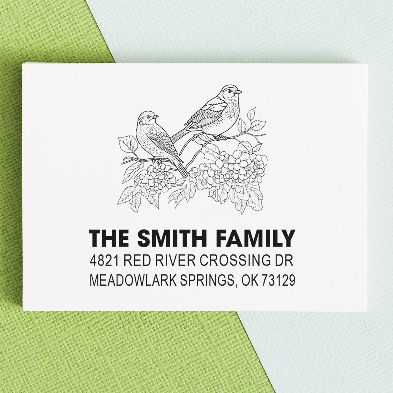 Custom return address rubber stamp with birds and floral branch design, personalized family name and address for wedding or home mailings