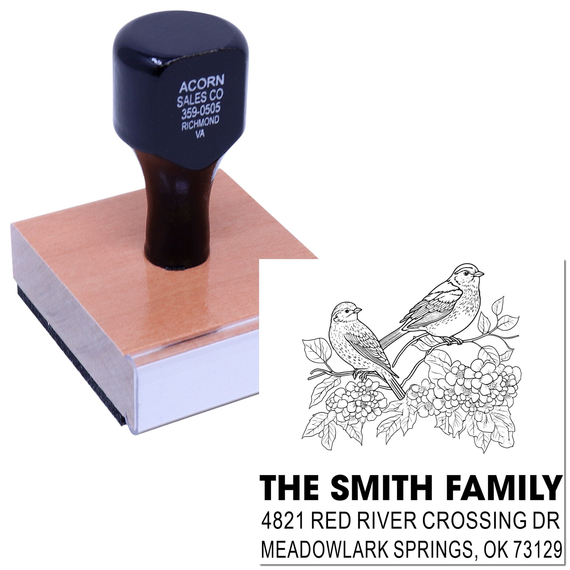 Custom rubber address stamp with birds and flowers design, personalized family name and mailing address for envelopes, stationery, and home use.