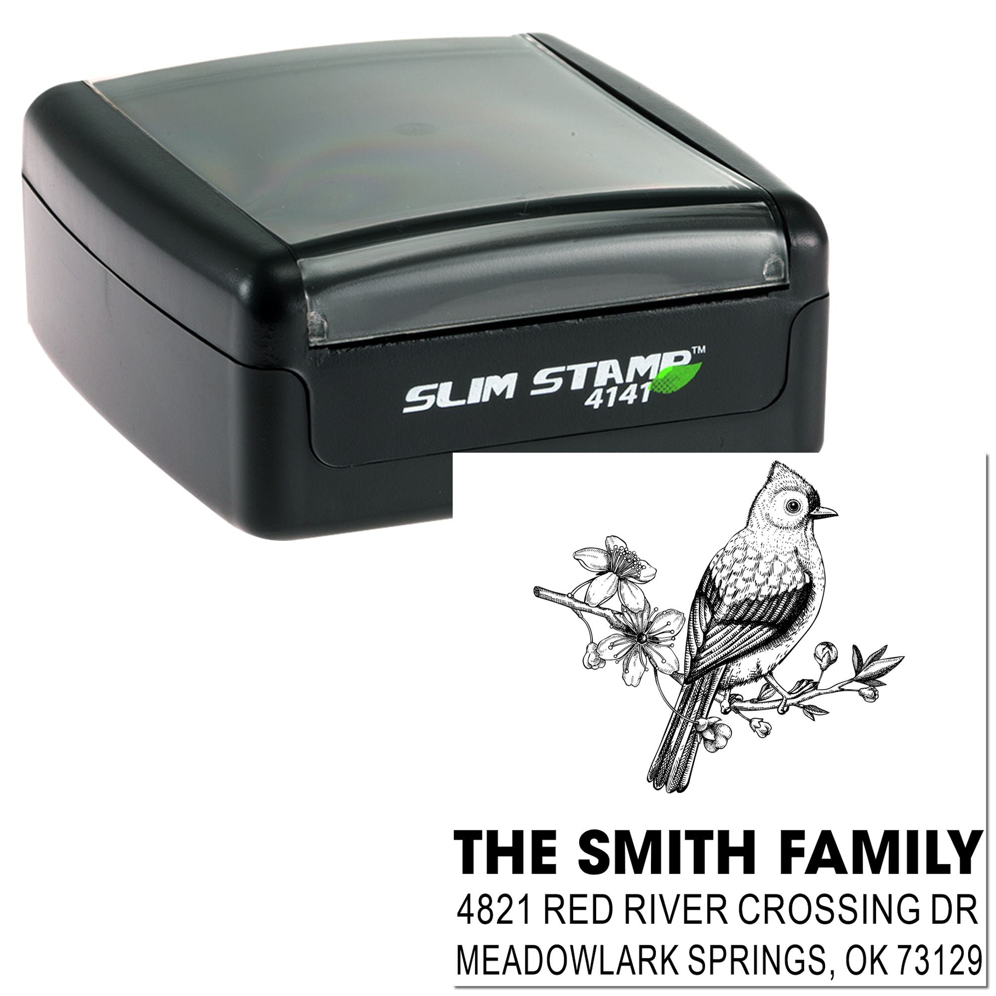 Custom self-inking rubber address stamp with bird and floral design, personalized family name, street address, city, state and ZIP imprint