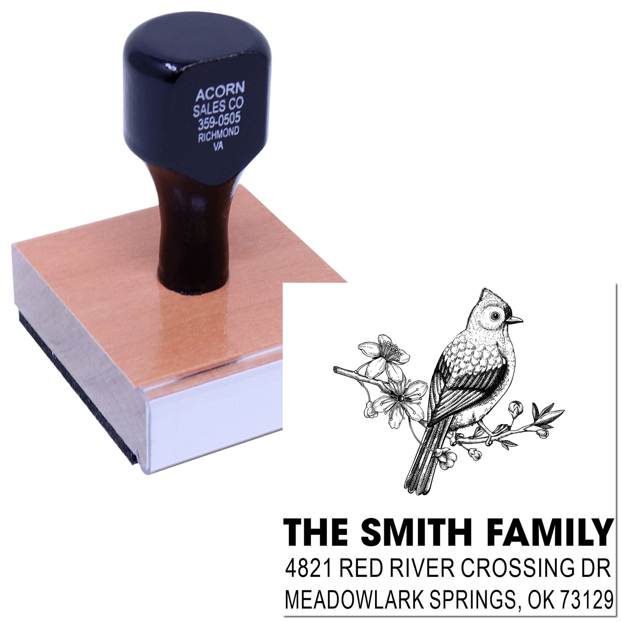 Custom rubber address stamp with bird and floral design, The Smith Family, 4821 Red River Crossing Dr, Meadowlark Springs, OK 73129