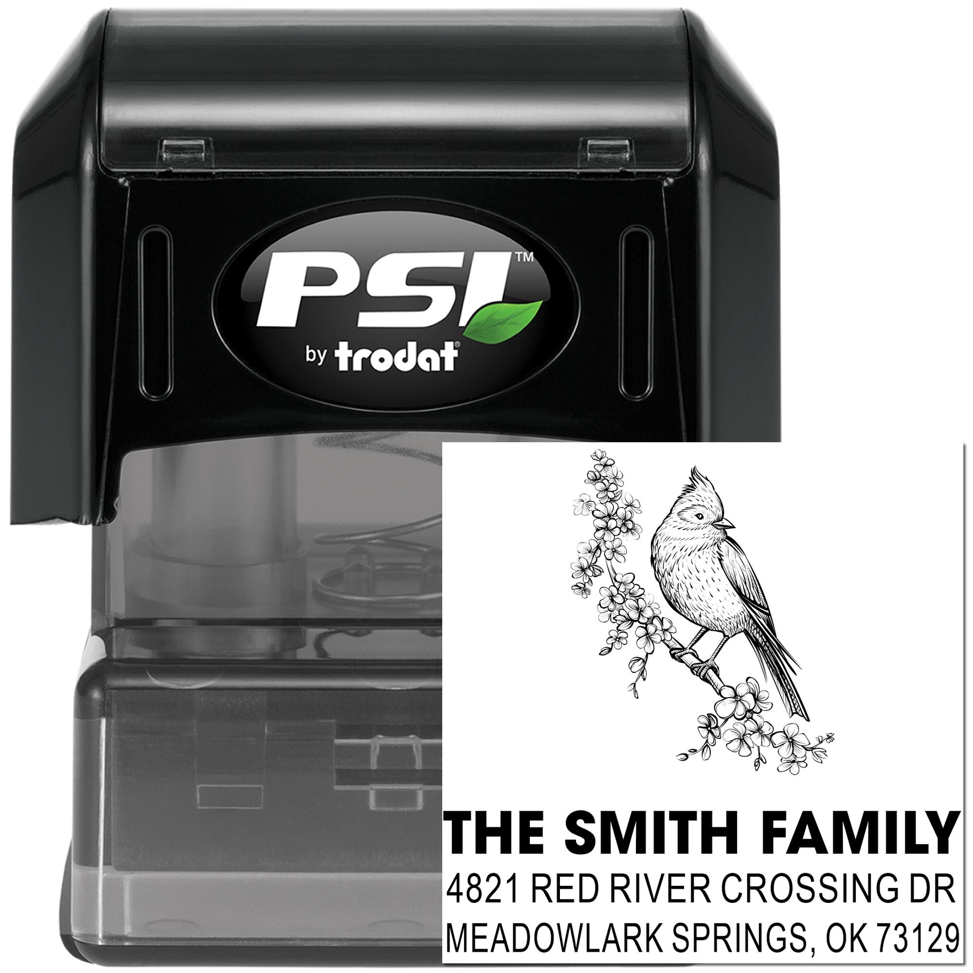 PSI by Trodat self-inking custom address stamp with bird and floral design, personalized family name and return address rubber stamp for mailing