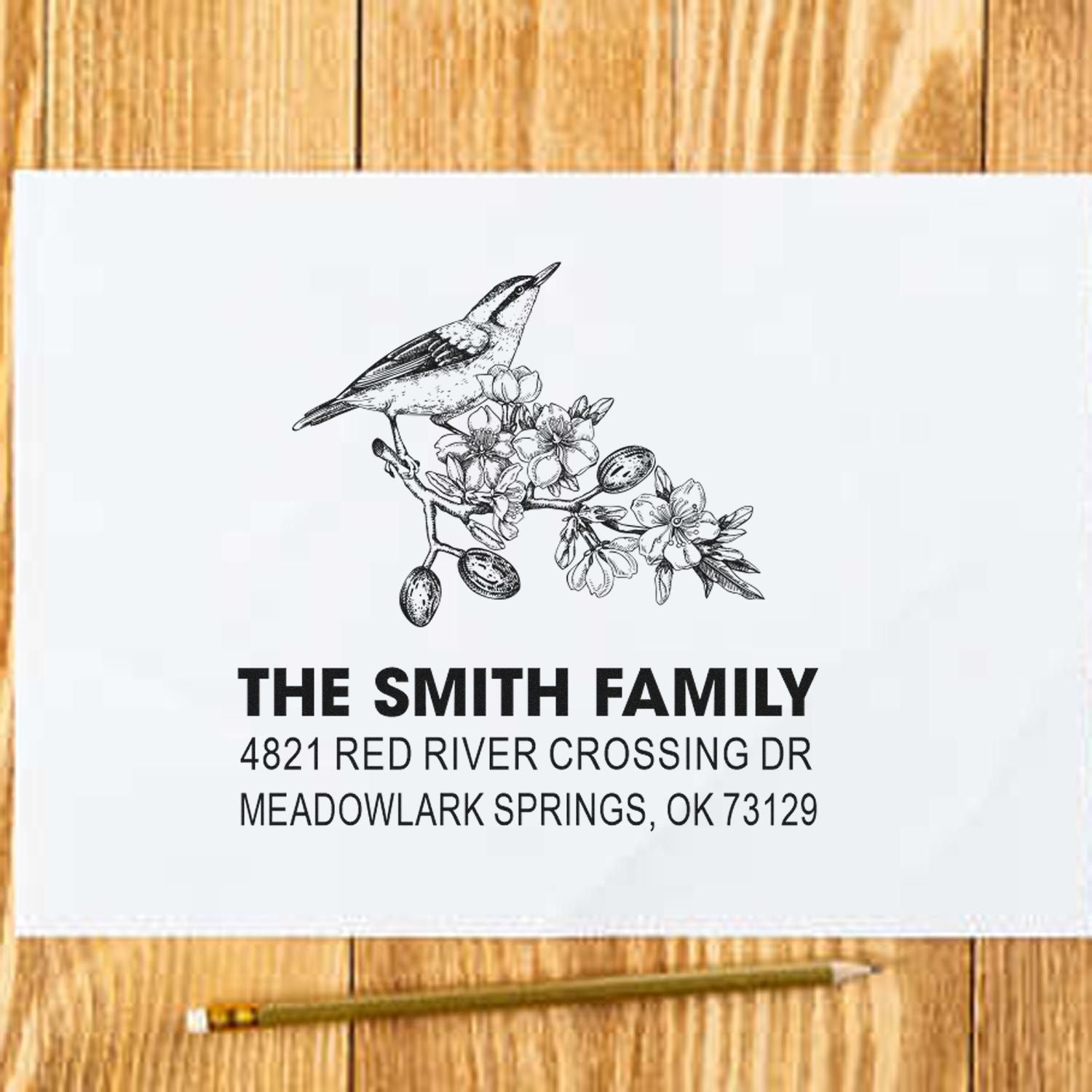 Personalized return address rubber stamp with bird and floral design, featuring The Smith Family, Meadowlark Springs, OK custom address stamp