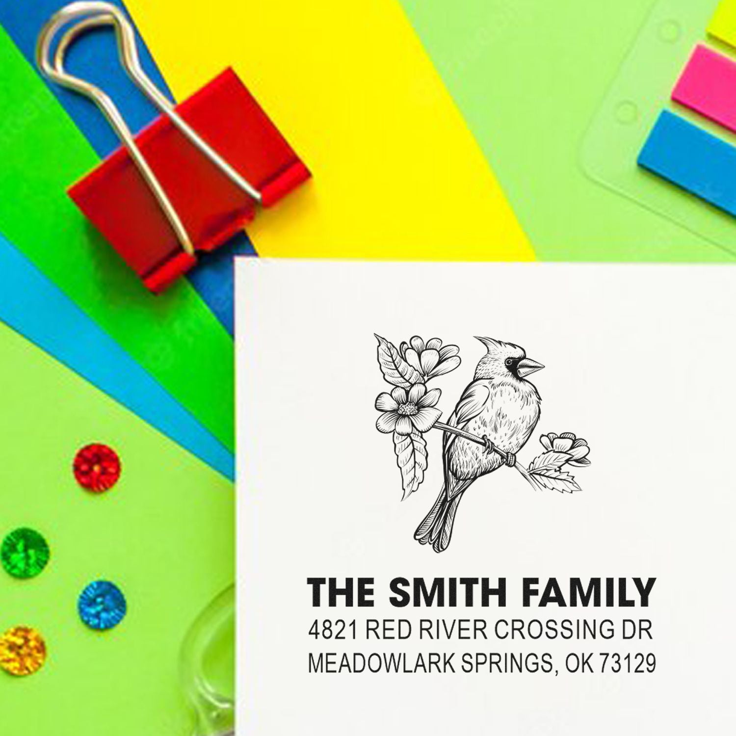 Custom address rubber stamp with bird and floral design, featuring The Smith Family name and mailing address for personalized mail labeling.