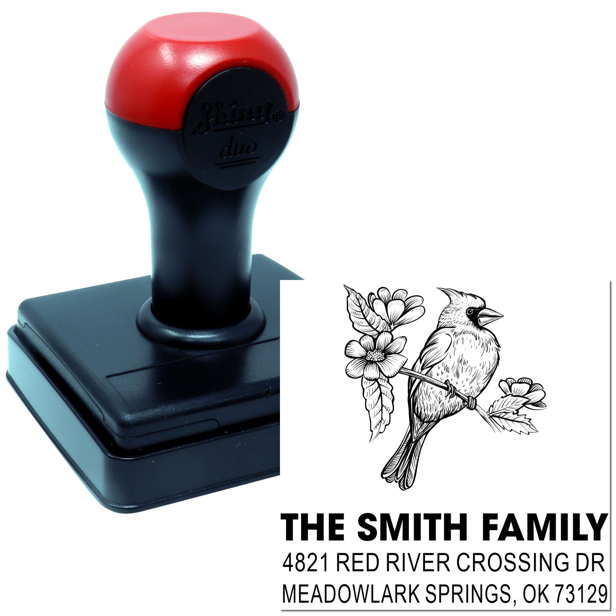 Custom self-inking rubber stamp with bird and floral return address design for The Smith Family, 4821 Red River Crossing Dr, Meadowlark Springs, OK 73129