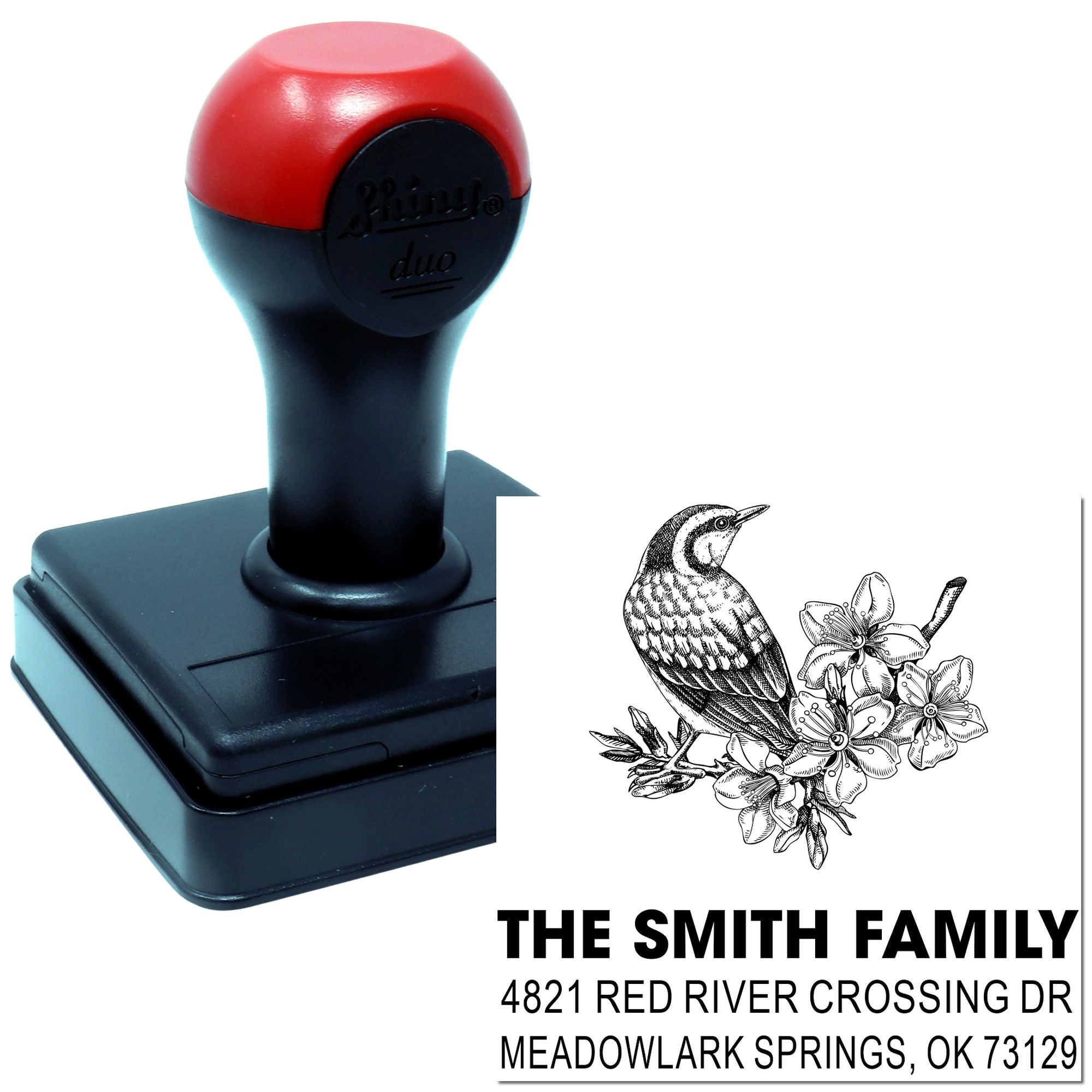 Custom self-inking rubber stamp with bird and floral design, personalized family return address stamp for mailing envelopes and craft projects