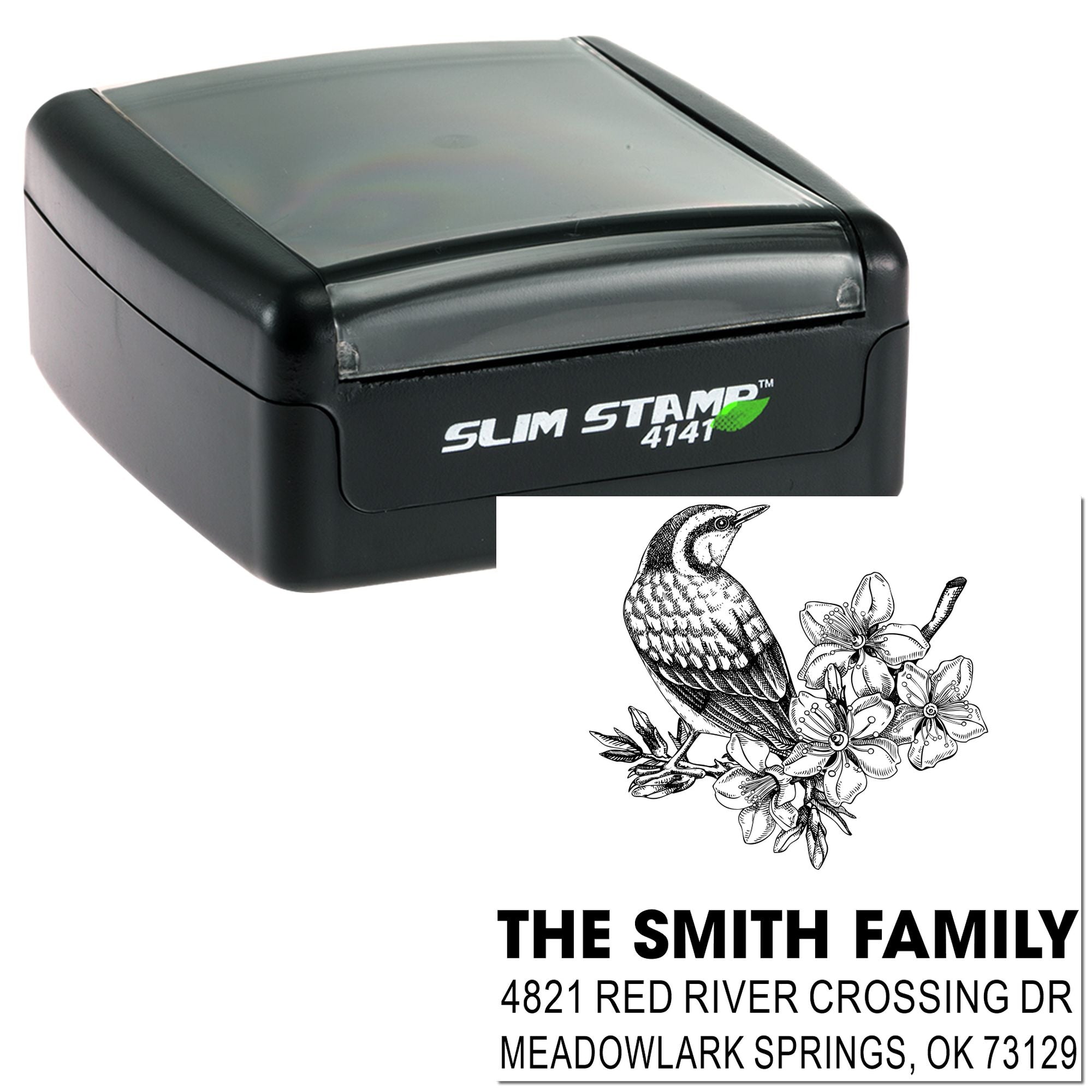 Slim Stamp 4141 self-inking rubber stamp with custom family address design, bird and floral artwork, and Meadowlark Springs, OK return address