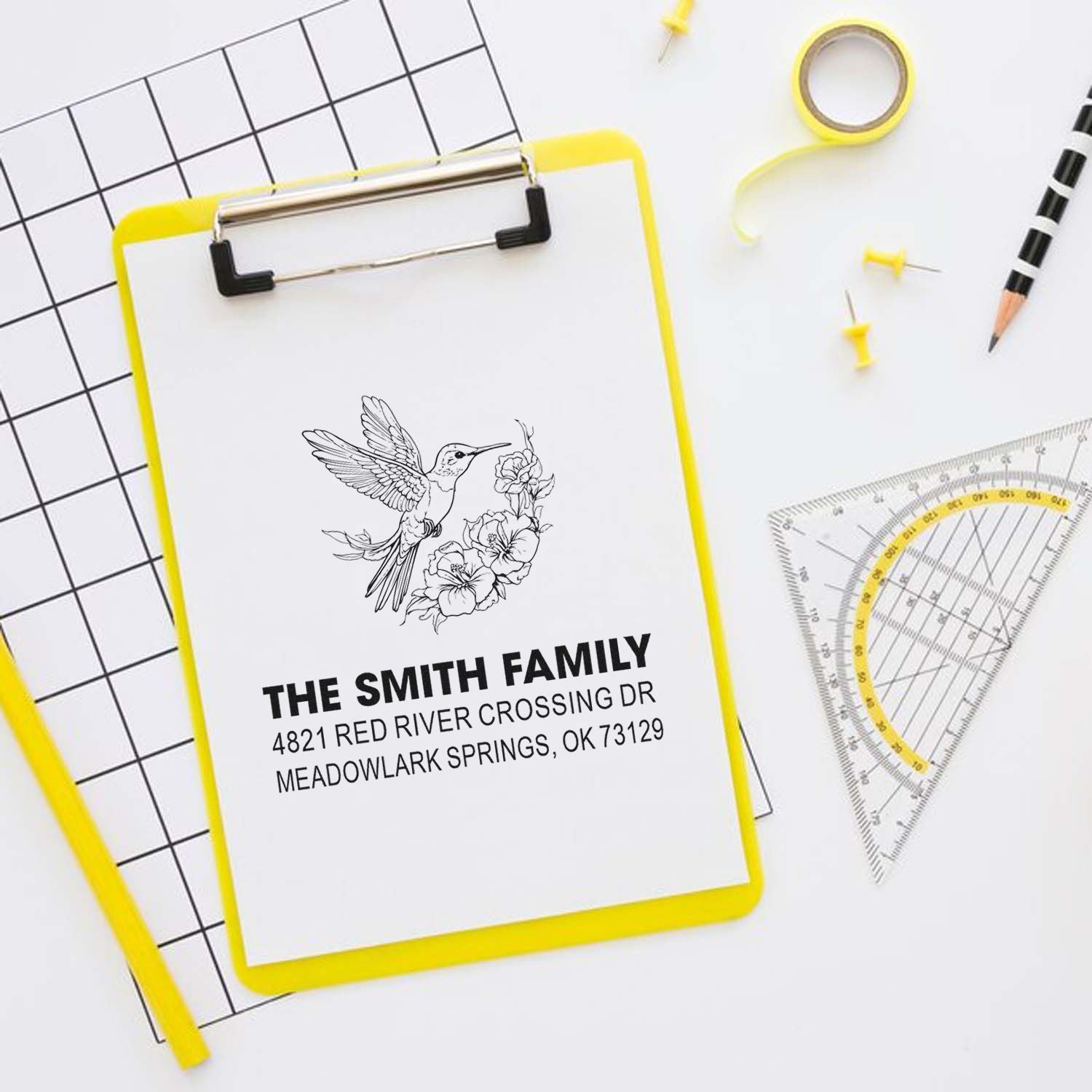 Custom return address rubber stamp with hummingbird and floral design, personalized name and mailing address for stationery, invitations, packaging.