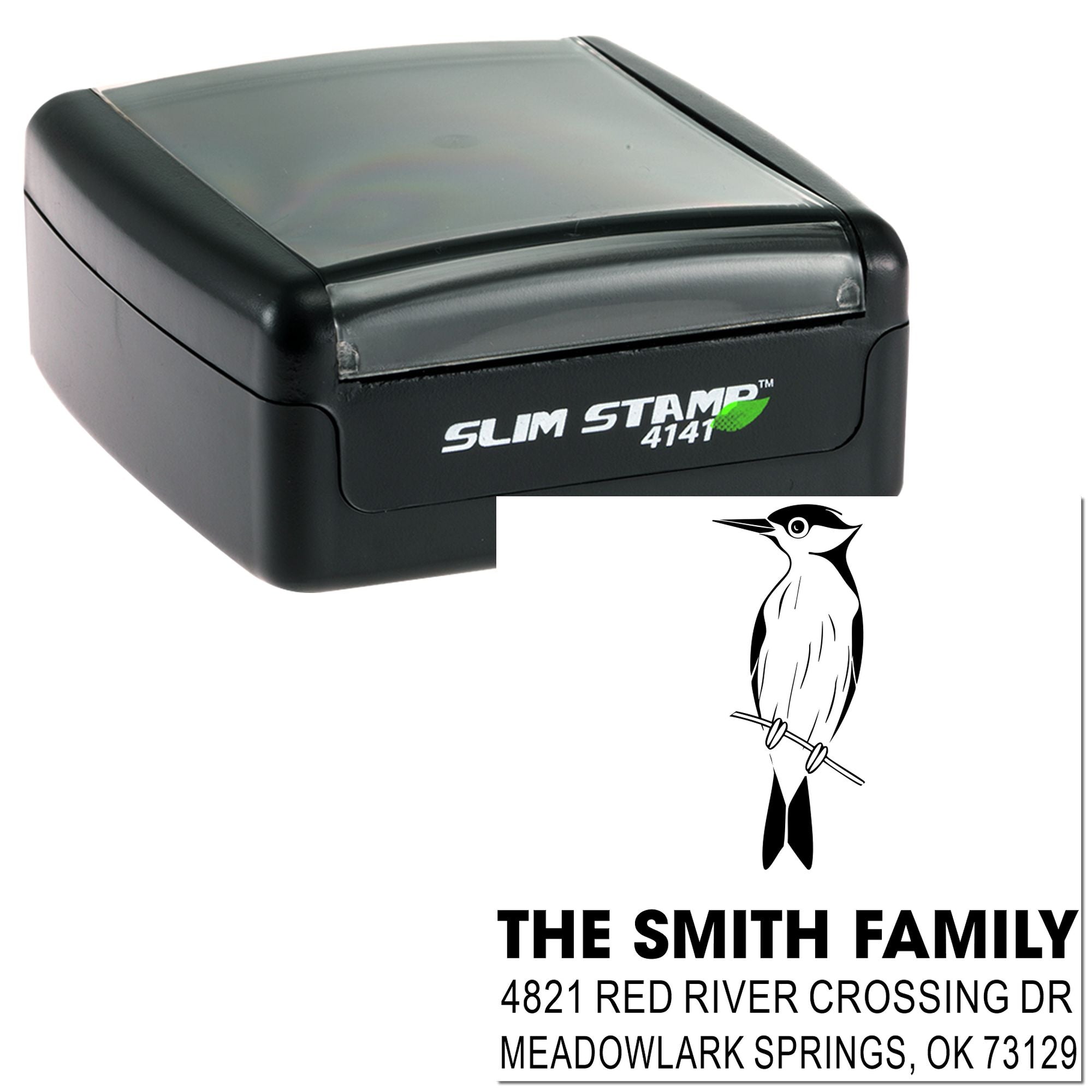 Self-inking Slim Stamp 4141 custom return address rubber stamp with bird logo, Smith family name, and Meadowlark Springs, OK address