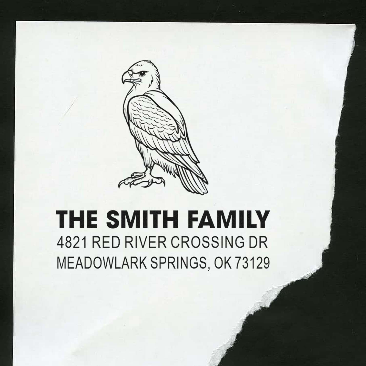 Custom eagle family address rubber stamp with The Smith Family and Meadowlark Springs, OK 73129 for personalized mail, stationery, and return labels.