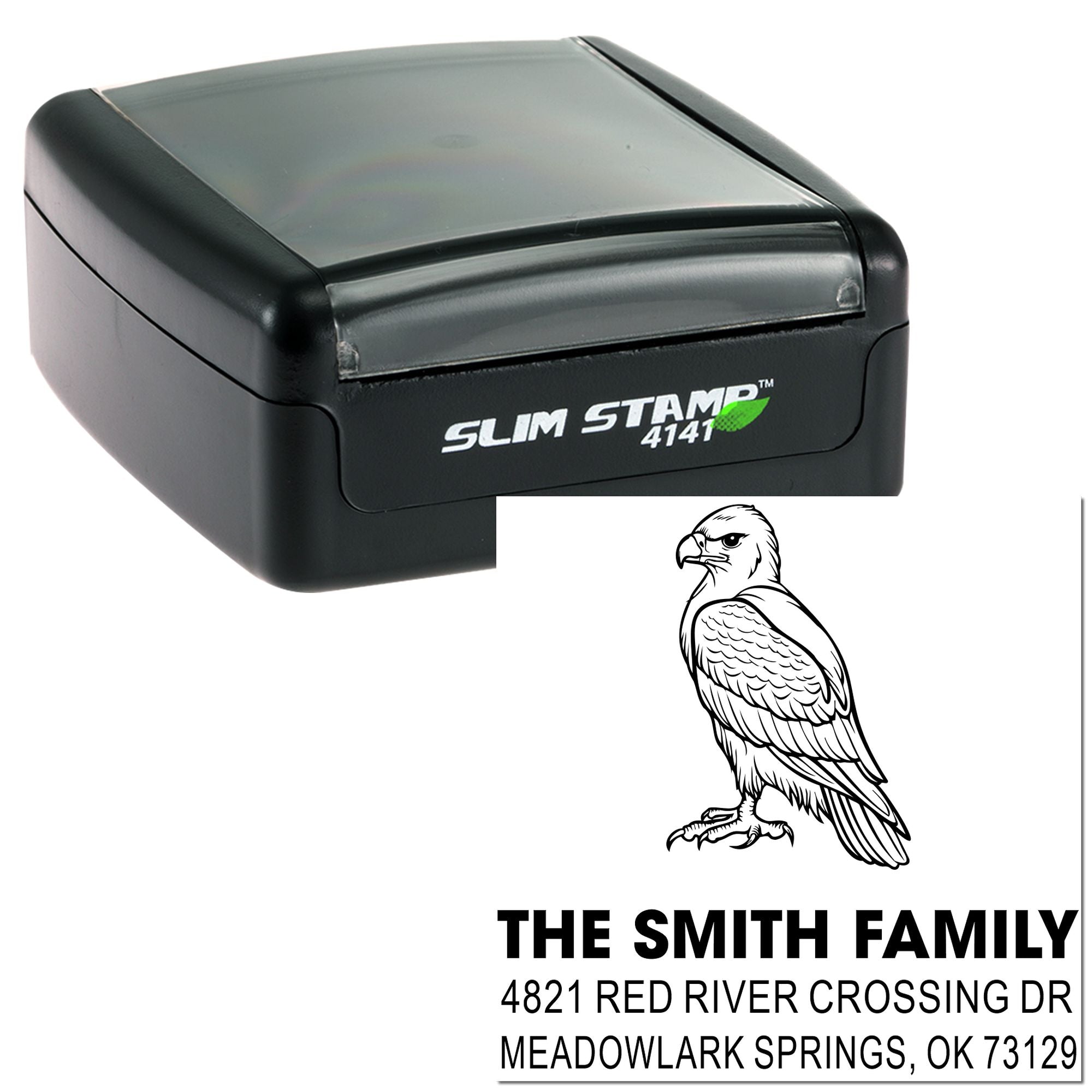 Custom self-inking rubber stamp with eagle design, family name, and return address, Slim Stamp 4141 for mailing, office, and address labeling.