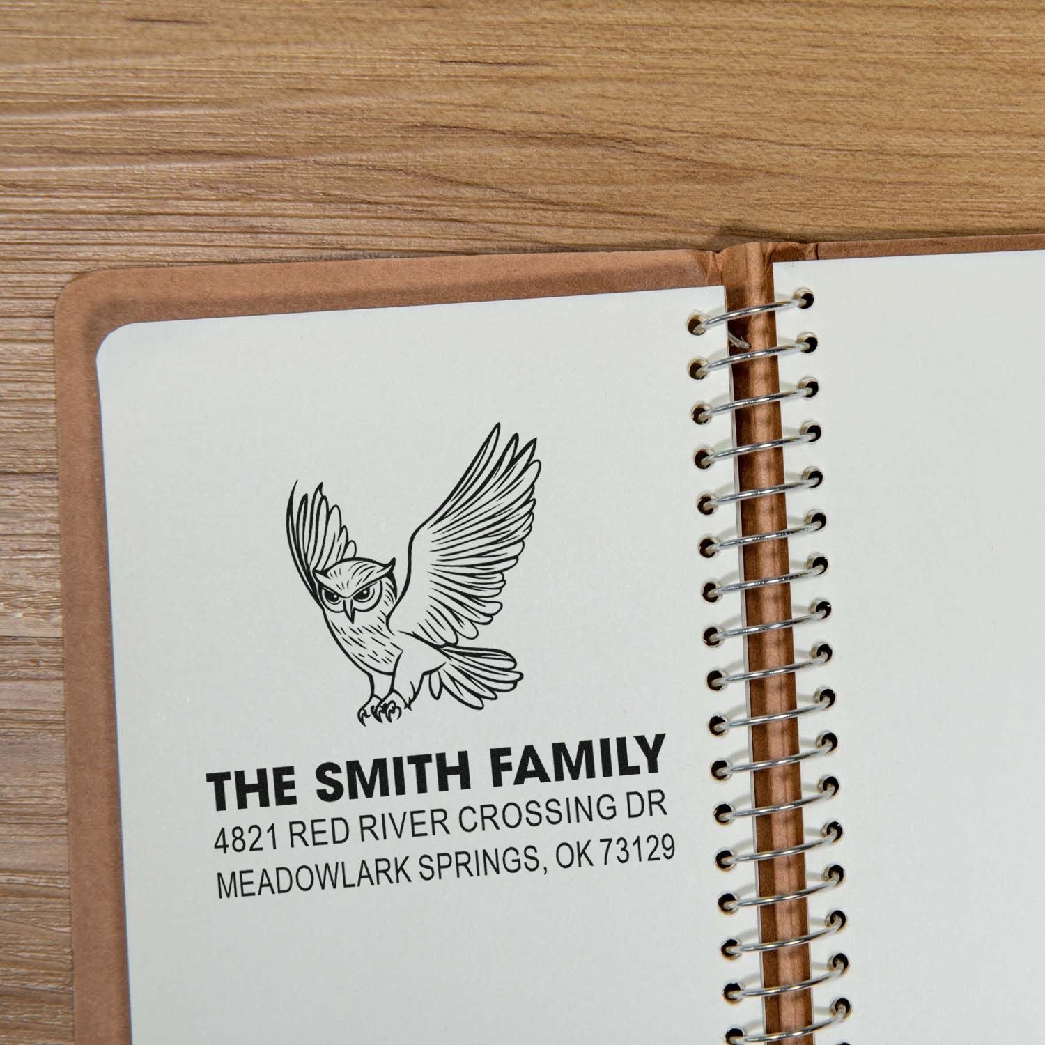 Personalized owl address stamp with The Smith Family name and Meadowlark Springs, OK address, ideal for custom rubber stamp stationery and mail.