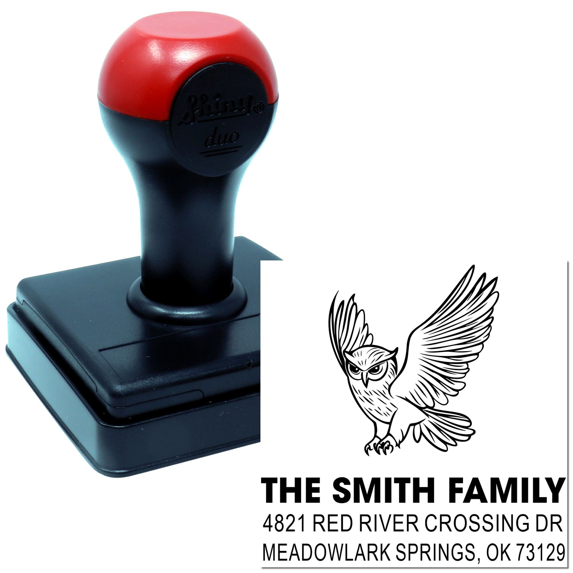 Personalized self-inking rubber stamp with owl design and family address, featuring The Smith Family and Meadowlark Springs, OK return address