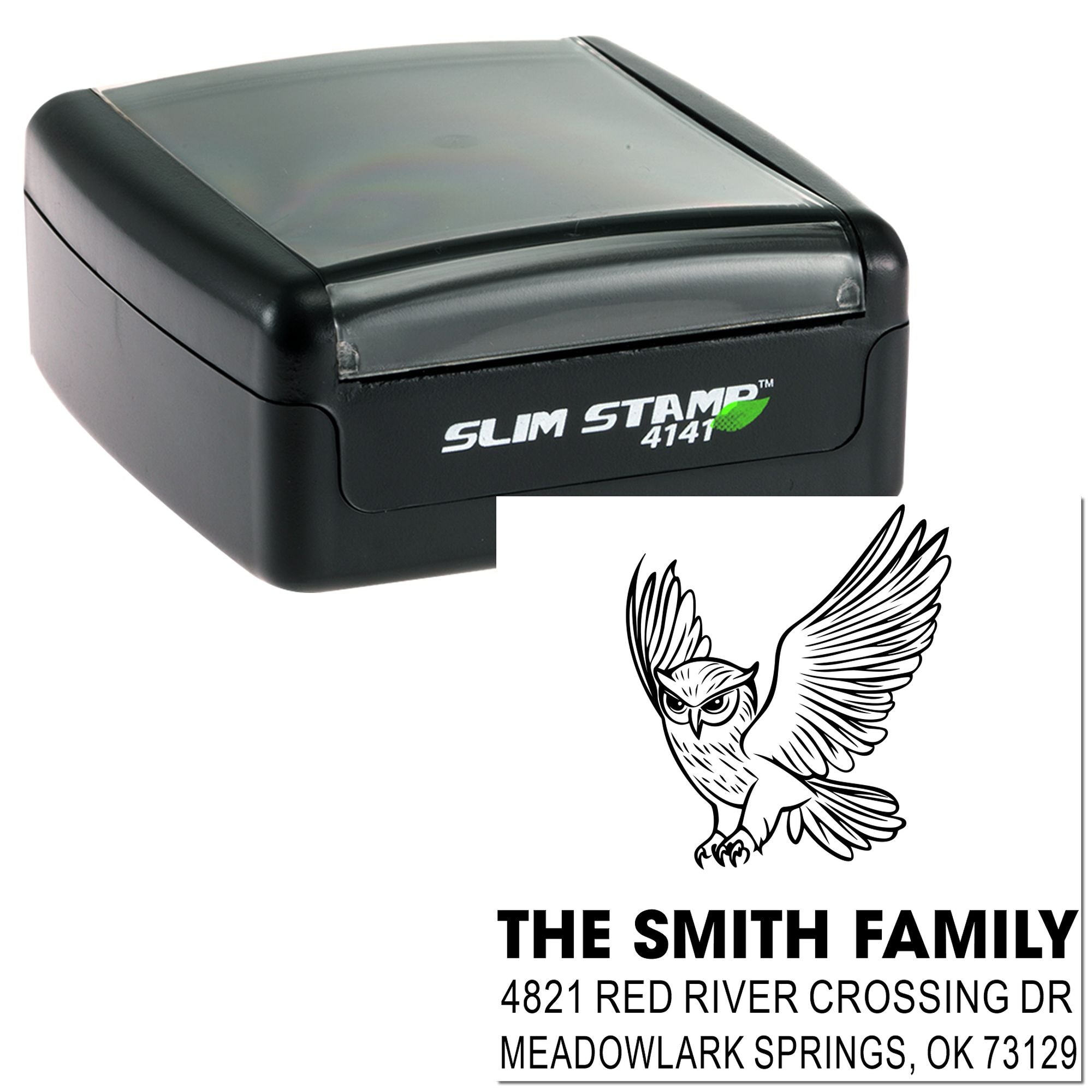 Custom self-inking rubber address stamp with owl design, Smith Family name and return address, Slim Stamp 4141 style for home and mailing use