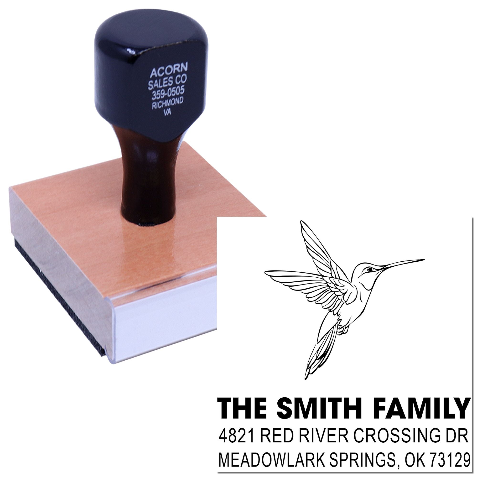 Custom self-inking rubber stamp with hummingbird design, Smith Family return address, ideal for mailing labels, envelopes, and home organization.
