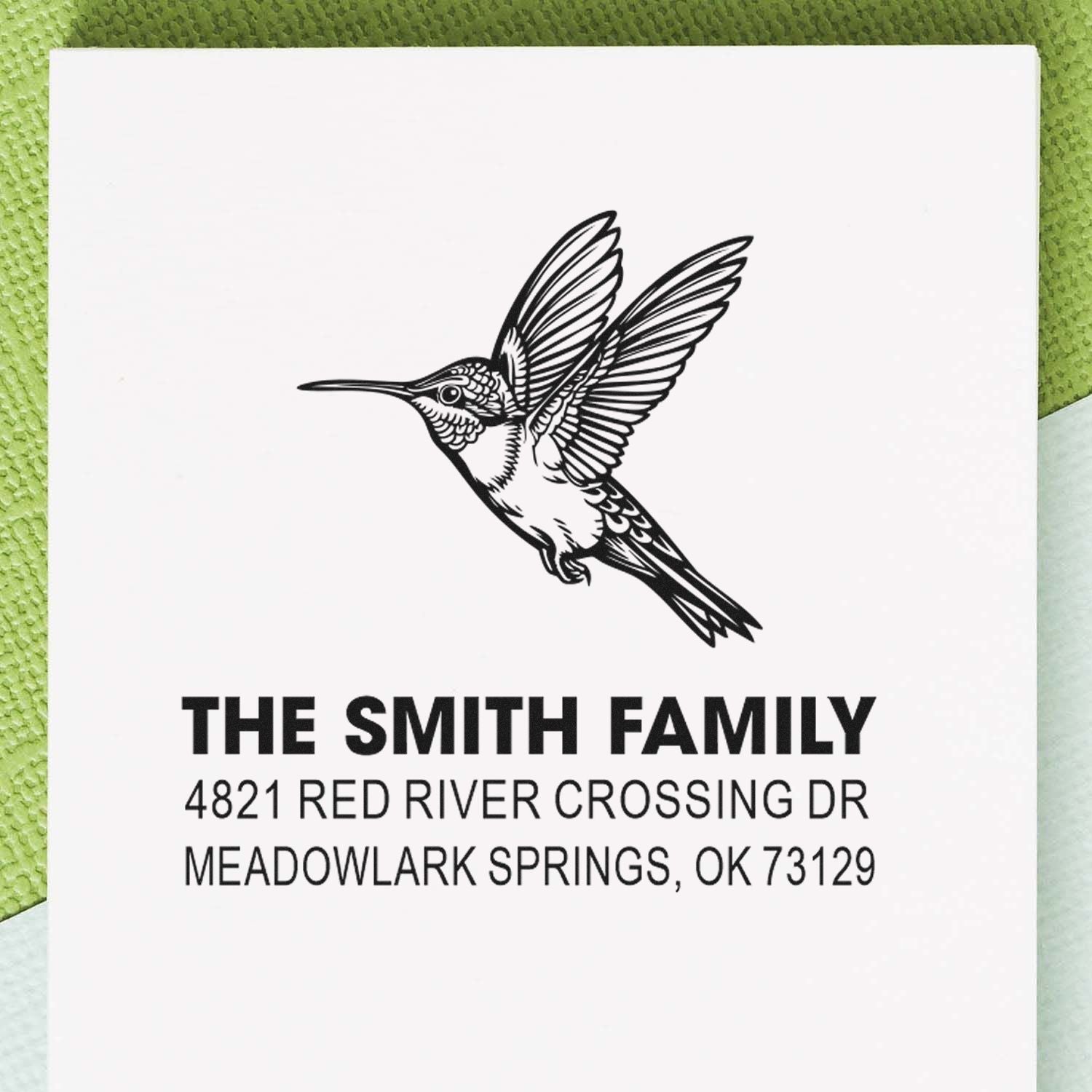 Personalized custom rubber return address stamp with hummingbird design, The Smith Family name, Red River Crossing Dr, Meadowlark Springs, OK 73129