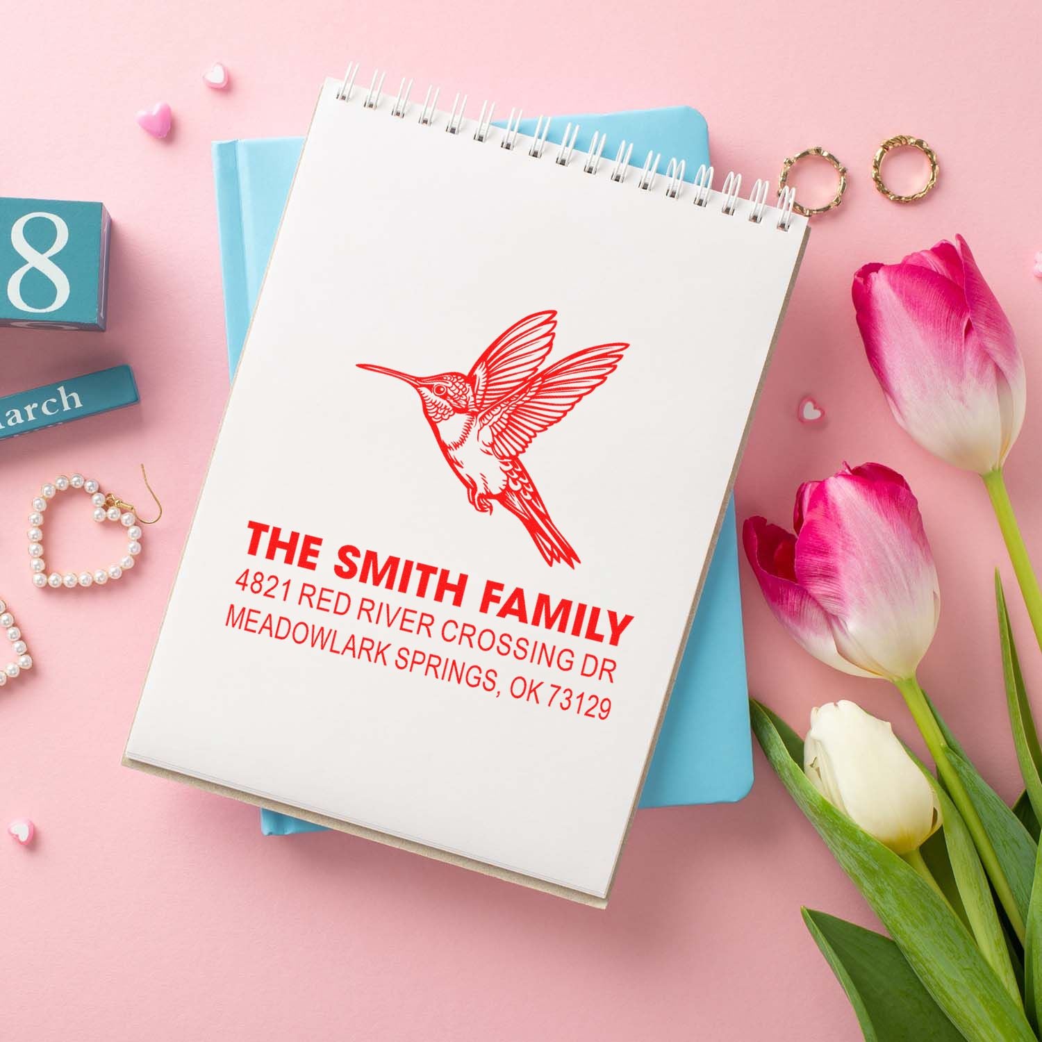 Personalized hummingbird return address rubber stamp for The Smith Family, featuring red ink bird design and Meadowlark Springs, OK address.