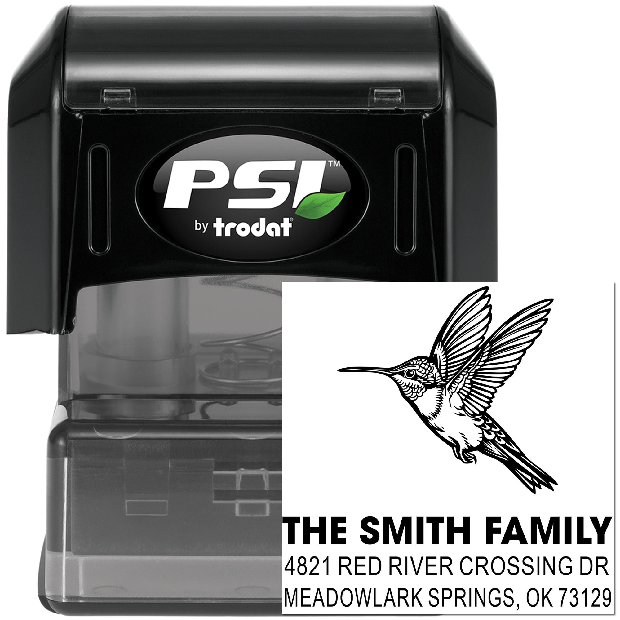 PSI by Trodat self-inking rubber address stamp with hummingbird design, personalized return address stamp for The Smith Family, black case