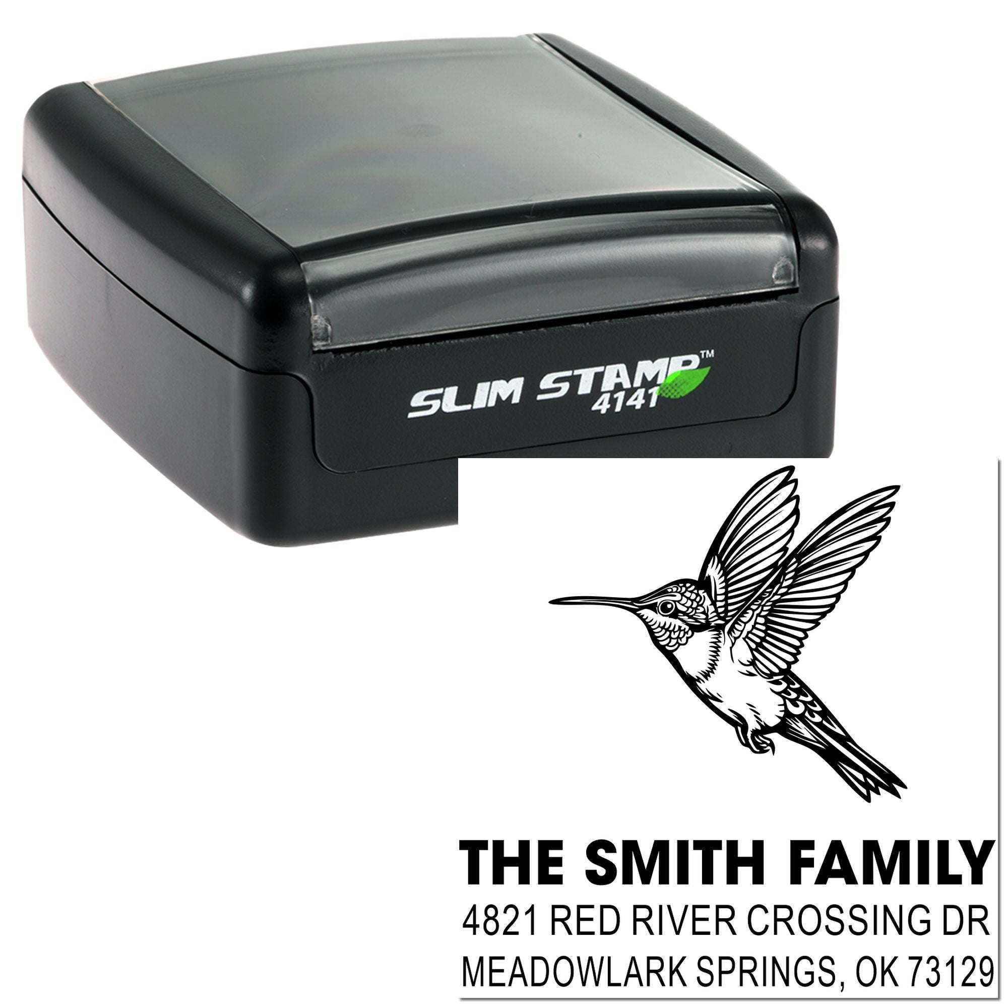 Slim Stamp 4141 self-inking rubber address stamp with hummingbird design and personalized Smith family return address for mailing envelopes
