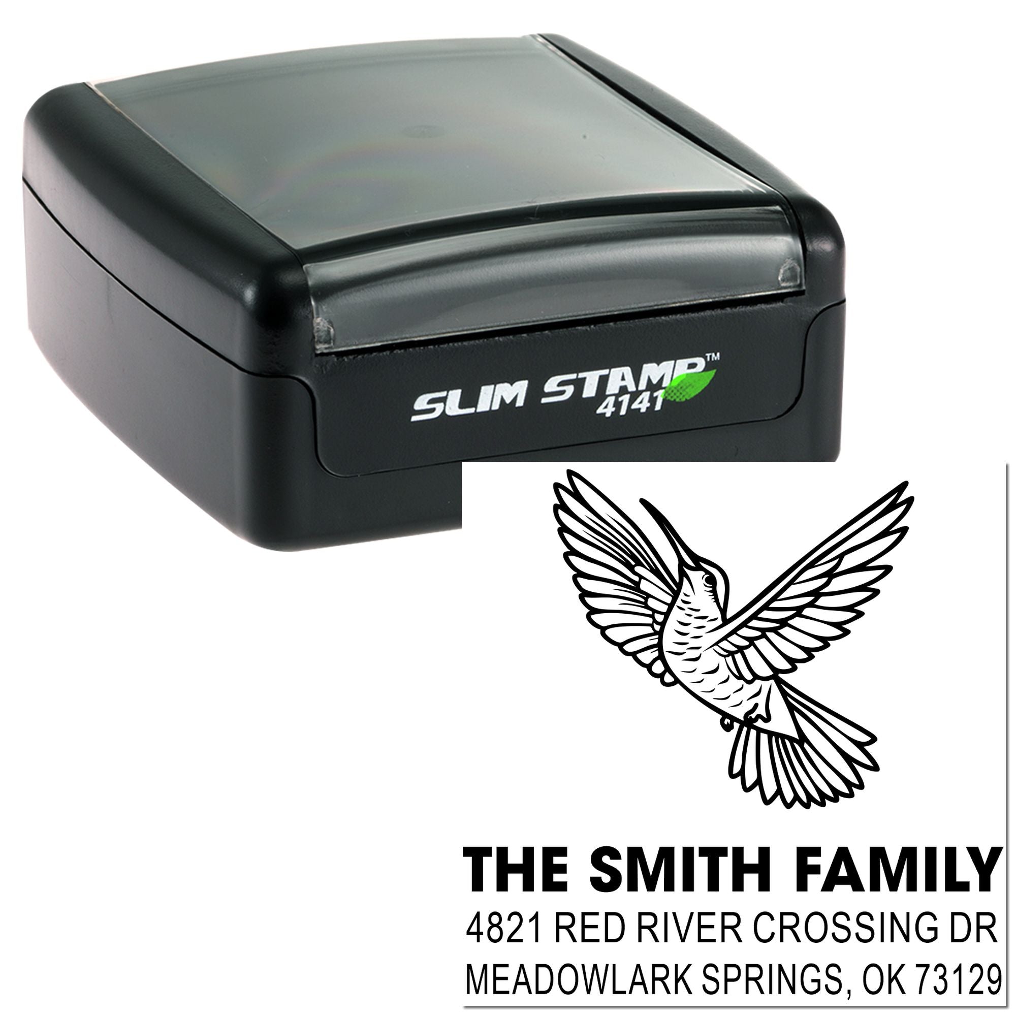 Custom self-inking Slim Stamp 4141 rubber stamp with bird design and family return address, personalized mailing stamp for home or business envelopes
