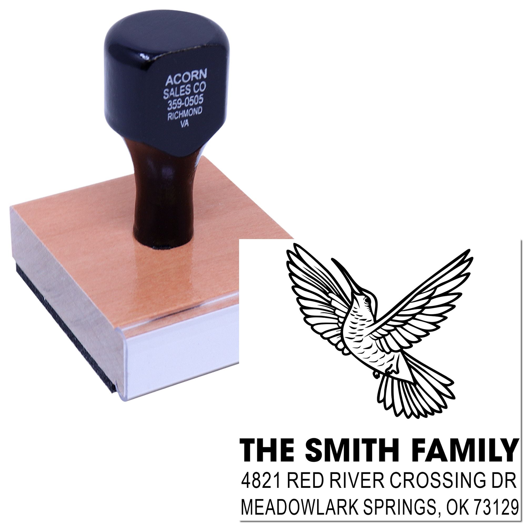 Custom rubber address stamp with bird design, The Smith Family name, and return address for personalized mailing and wedding stationery