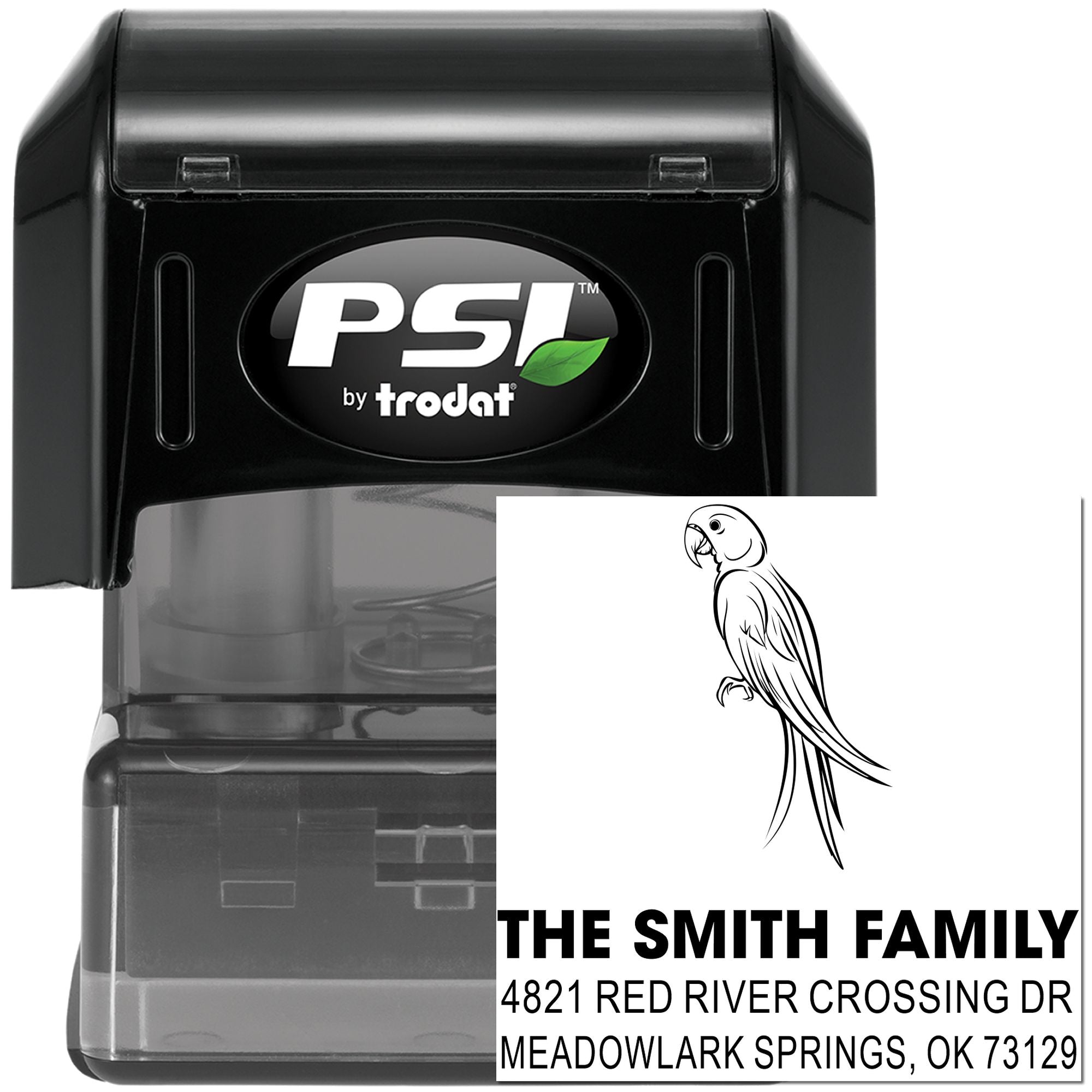 Custom self-inking rubber stamp by PSI Trodat with parrot design, family name and return address, ideal for personalized mailing and labeling.