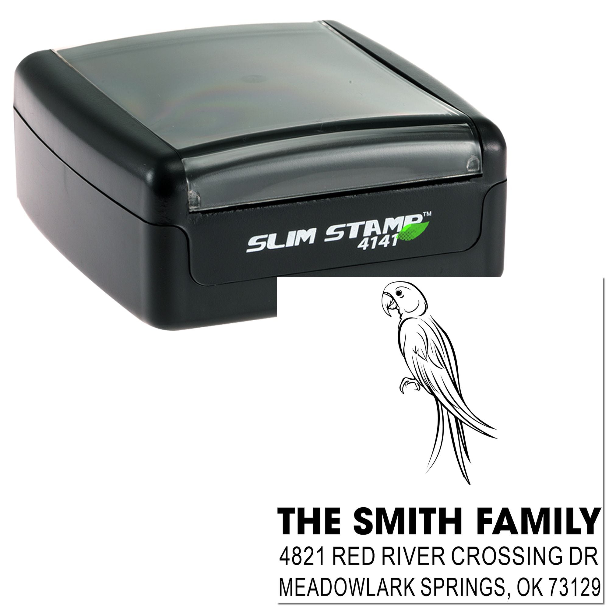 Custom self-inking Slim Stamp 4141 rubber stamp with parrot design and Smith family return address for Meadowlark Springs, OK.
