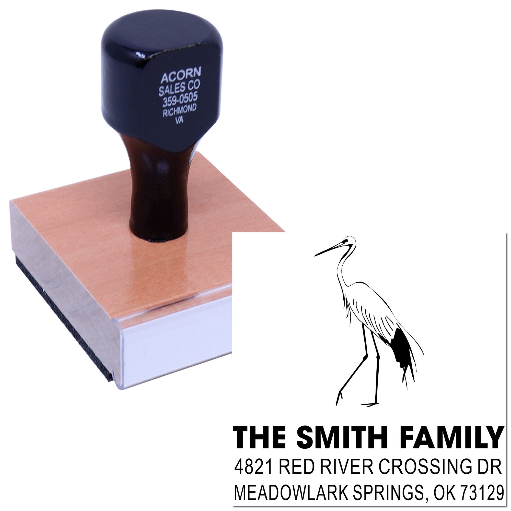 Custom rubber address stamp with heron design and The Smith Family return address, ideal for personalized mail, stationery and home use.
