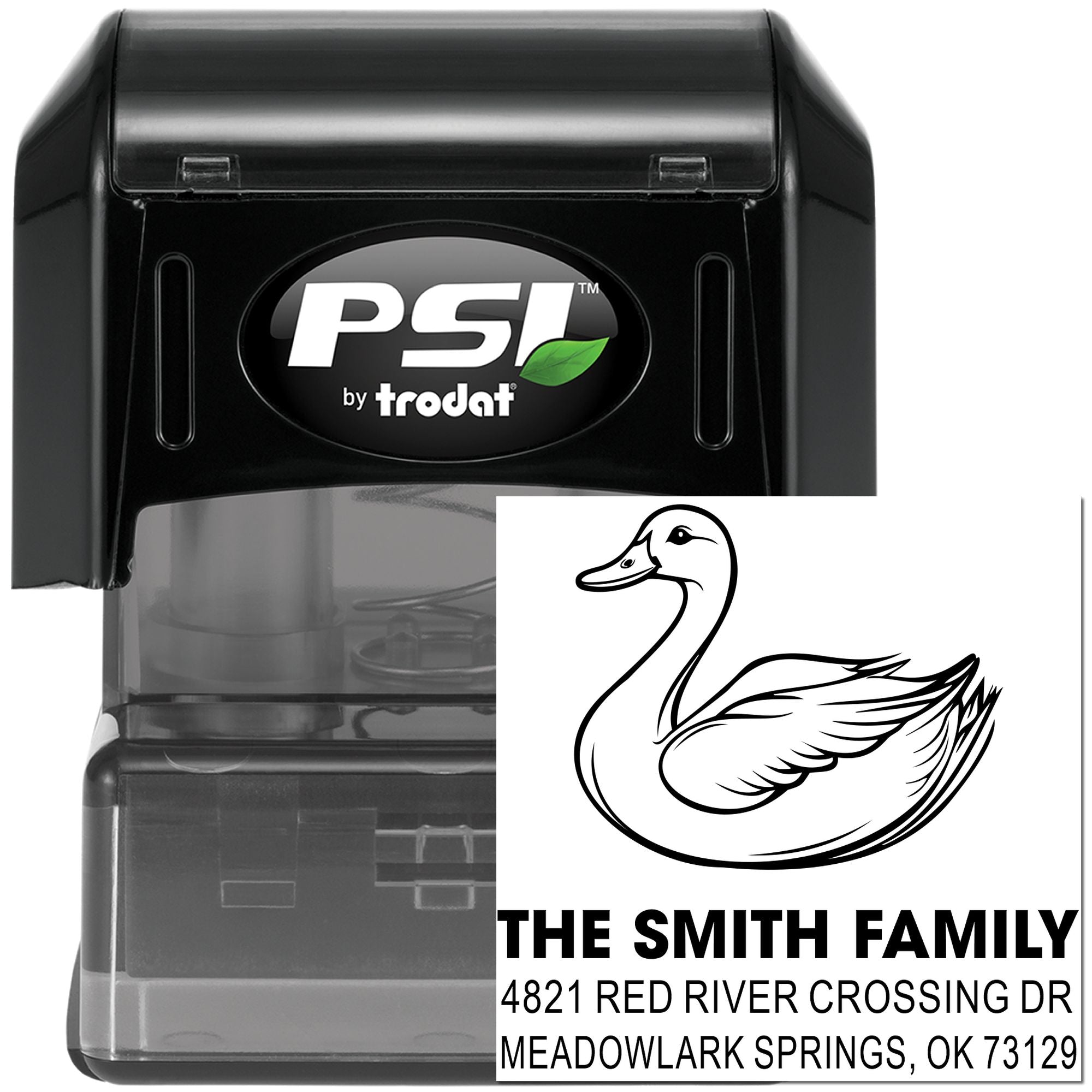 Custom self-inking rubber address stamp with duck family design, PSI by Trodat stamp, personalized return address stamp for home mailing.