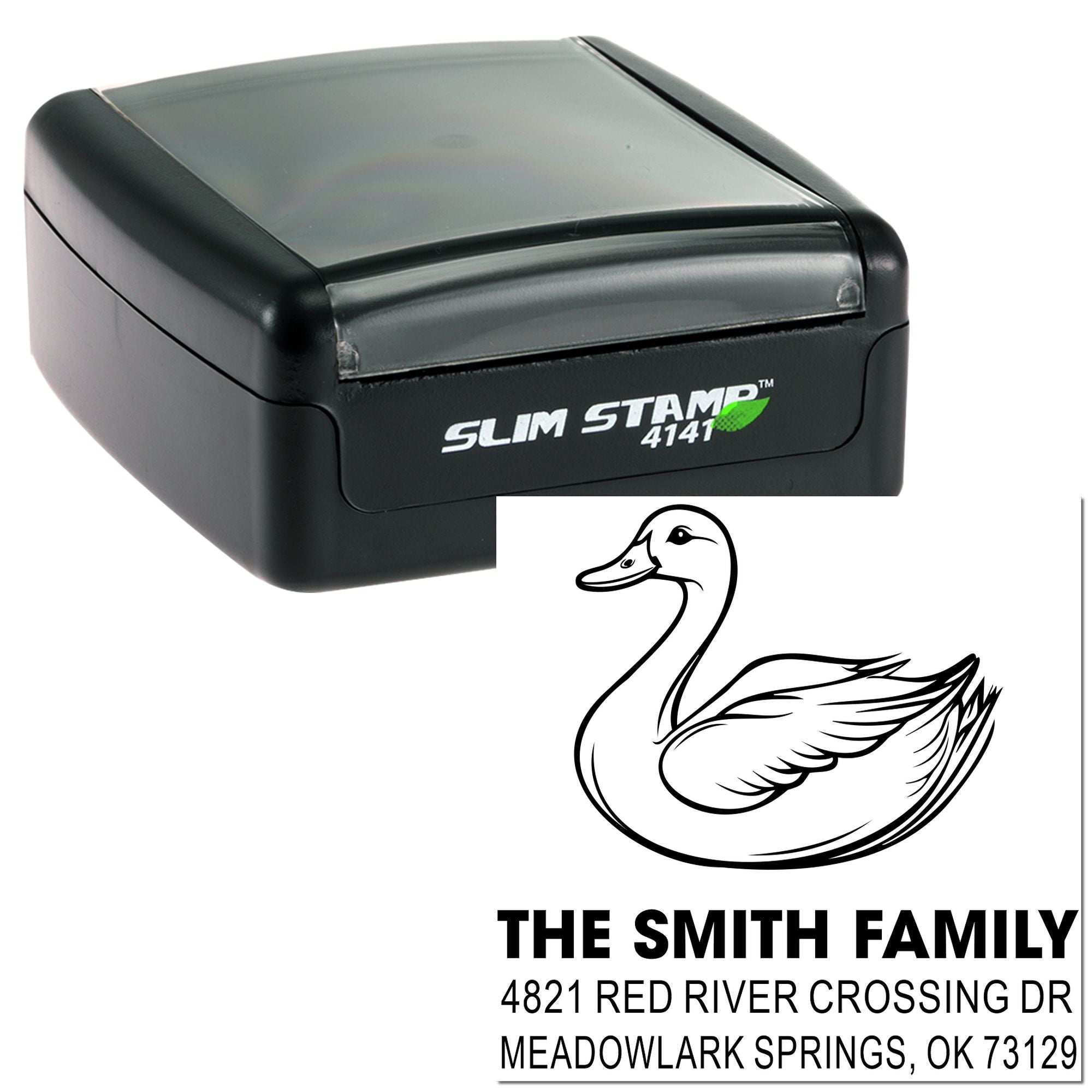 Custom self-inking Slim Stamp 4141 rubber address stamp with duck graphic, family name, street address, city, state and ZIP code for mailing use