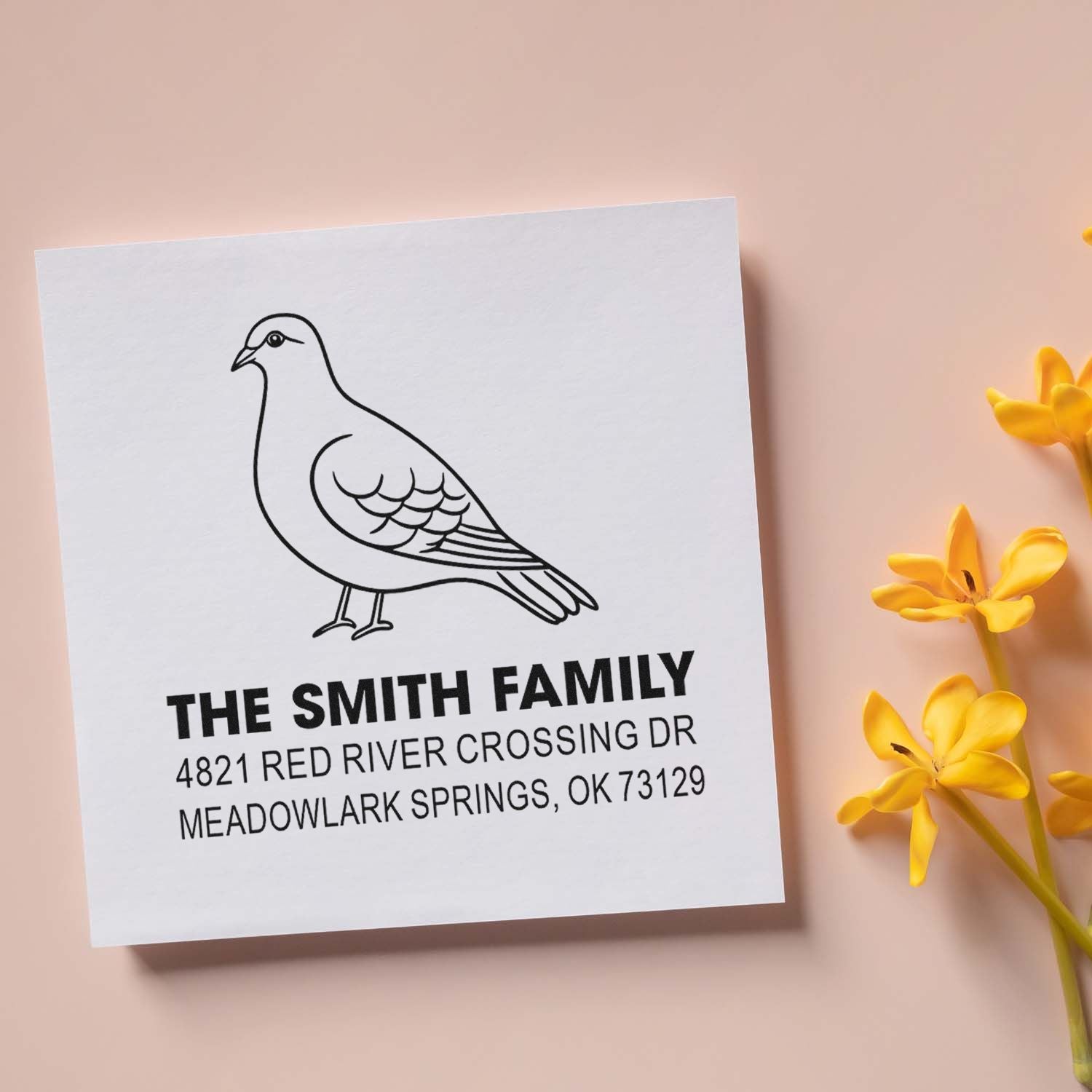 Custom pigeon address stamp with The Smith Family name and Meadowlark Springs, OK return address for personalized envelopes and stationery.