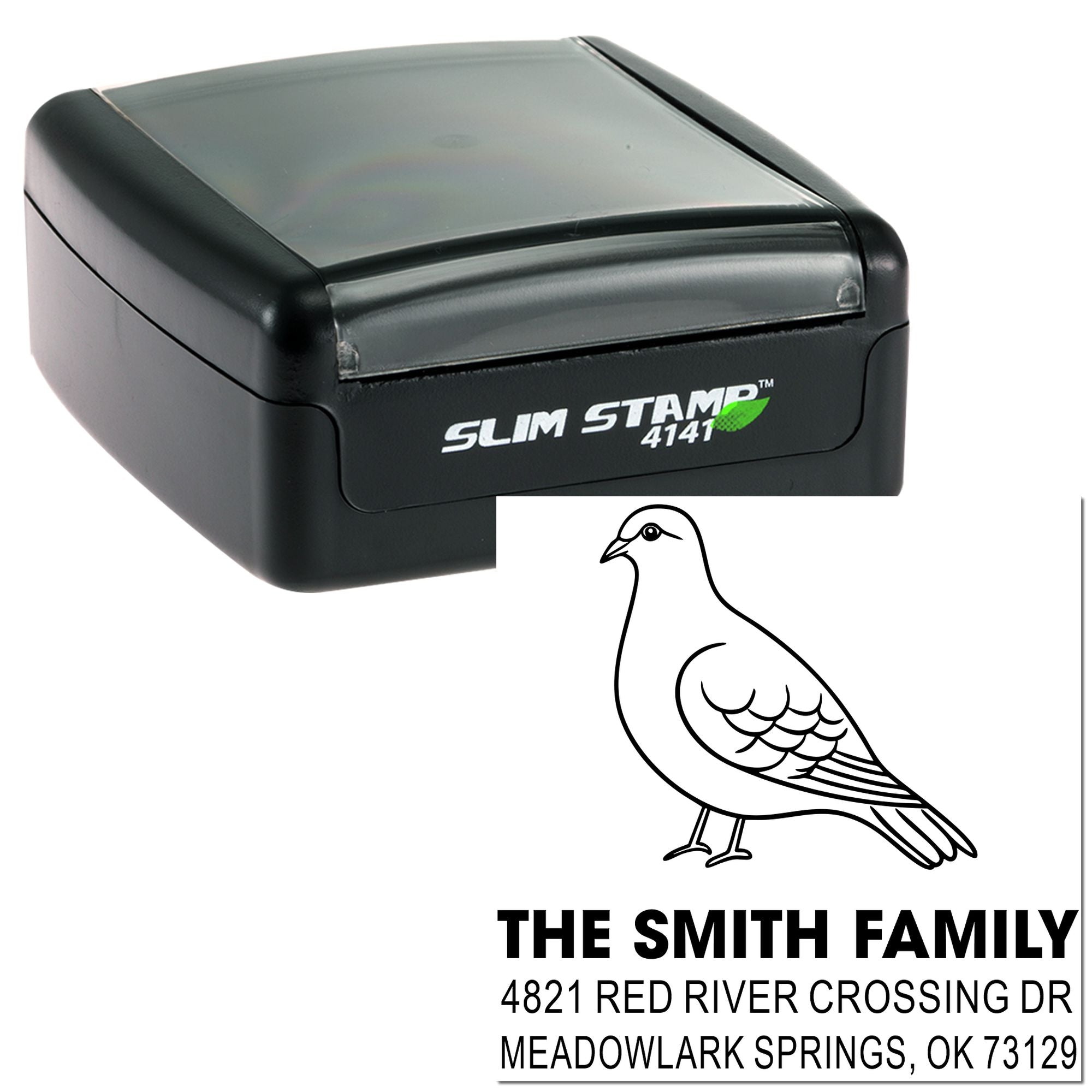 Custom Slim Stamp 4141 self-inking rubber stamp with dove design and The Smith Family return address for envelopes, mailings, and stationery