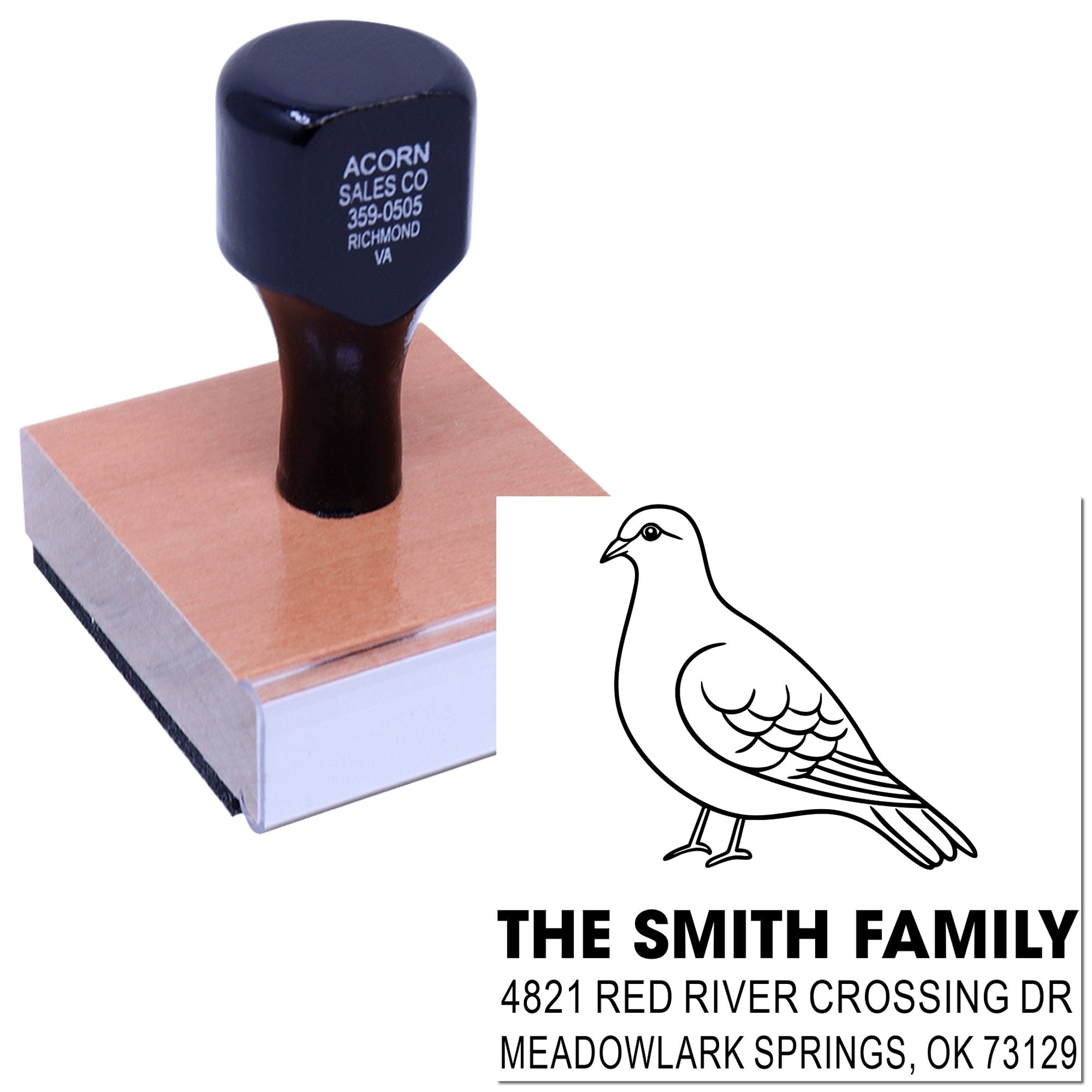 Custom rubber stamp featuring pigeon logo, The Smith Family name, and return address for personalized mailing, business, and branding use.