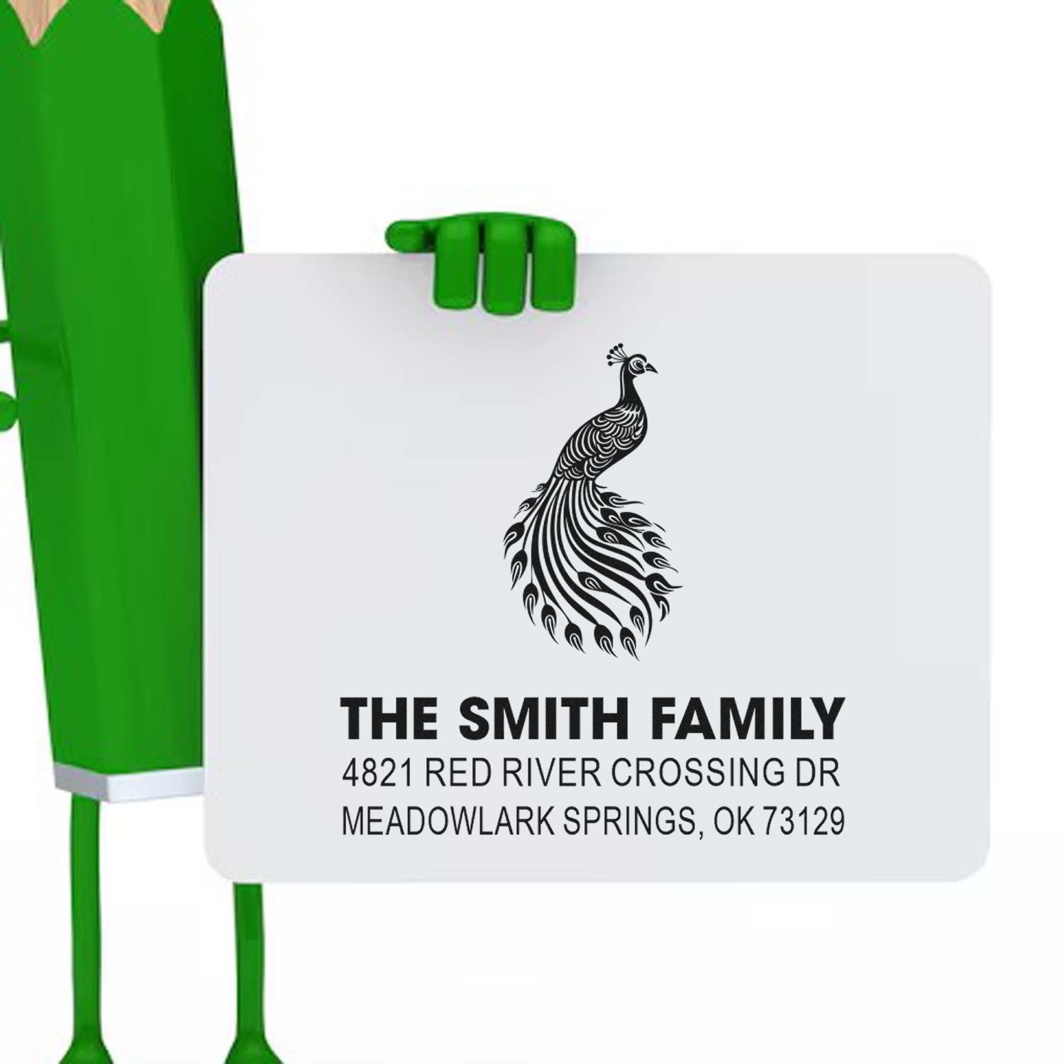 Custom self-inking peacock family address rubber stamp with The Smith Family name and 4821 Red River Crossing Dr, Meadowlark Springs, OK 73129.